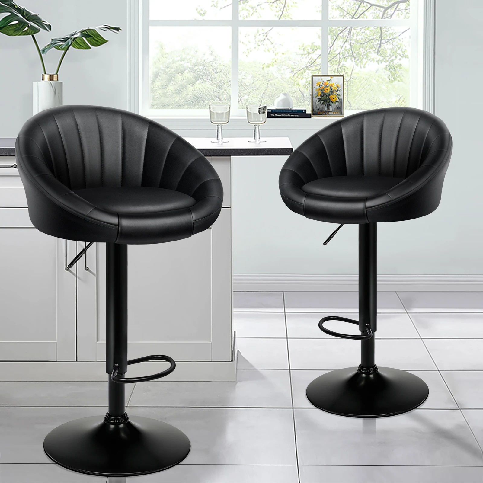 10 Alfordson 4x Bar Stools Gas Lift Leather Chairs Kitchen Swivel - All Black, 10 of 10