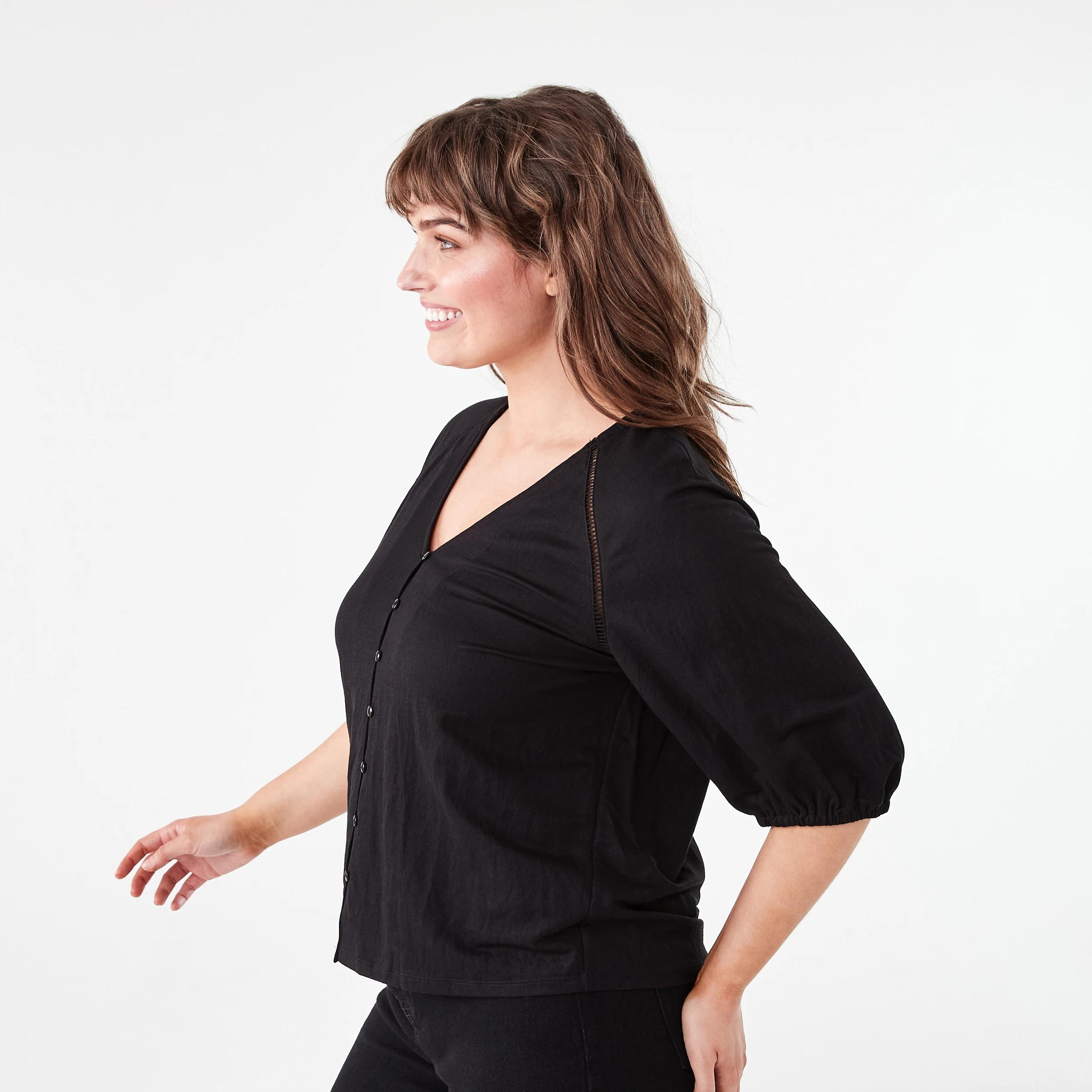 2 Short Sleeve Button Detail Top BLACK, 2 of 6