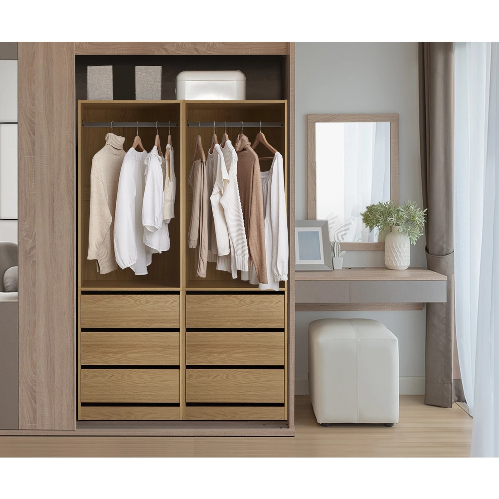 3 Oikiture Wardrobe Clothes Storage Organizer 3 Drawers Hanging Rail
 - Natural, 3 of 10