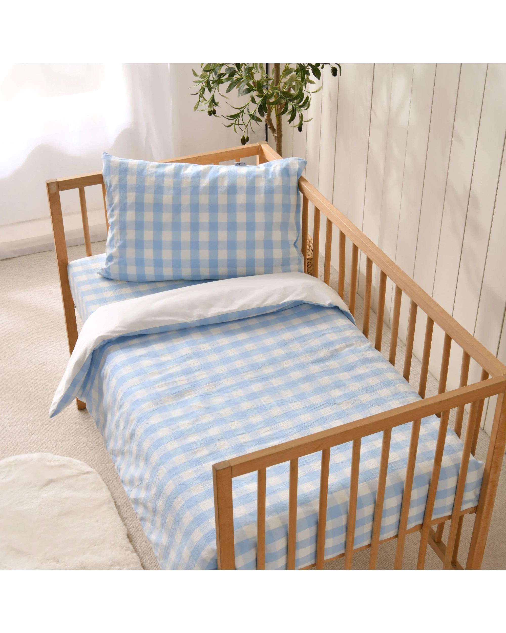3 Dreamaker Baby Lola Washed Cotton Yarn Dyed Gingham Quilt Cover Set - COT Size - Sky, 3 of 7