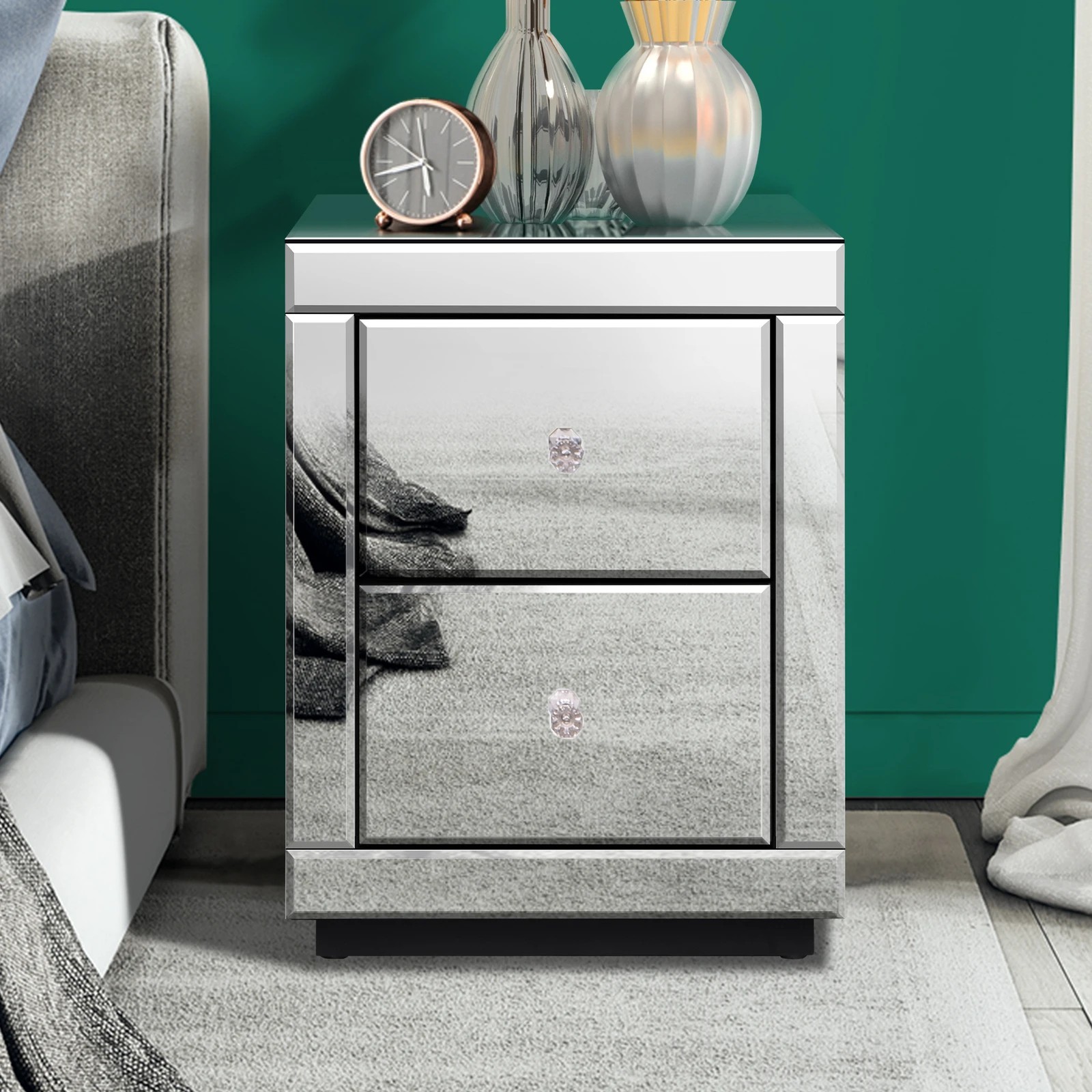 10 Alfordson Bedside Table Mirrored Cabinet Nightstand Side End Table Drawers - Silver, 10 of 10