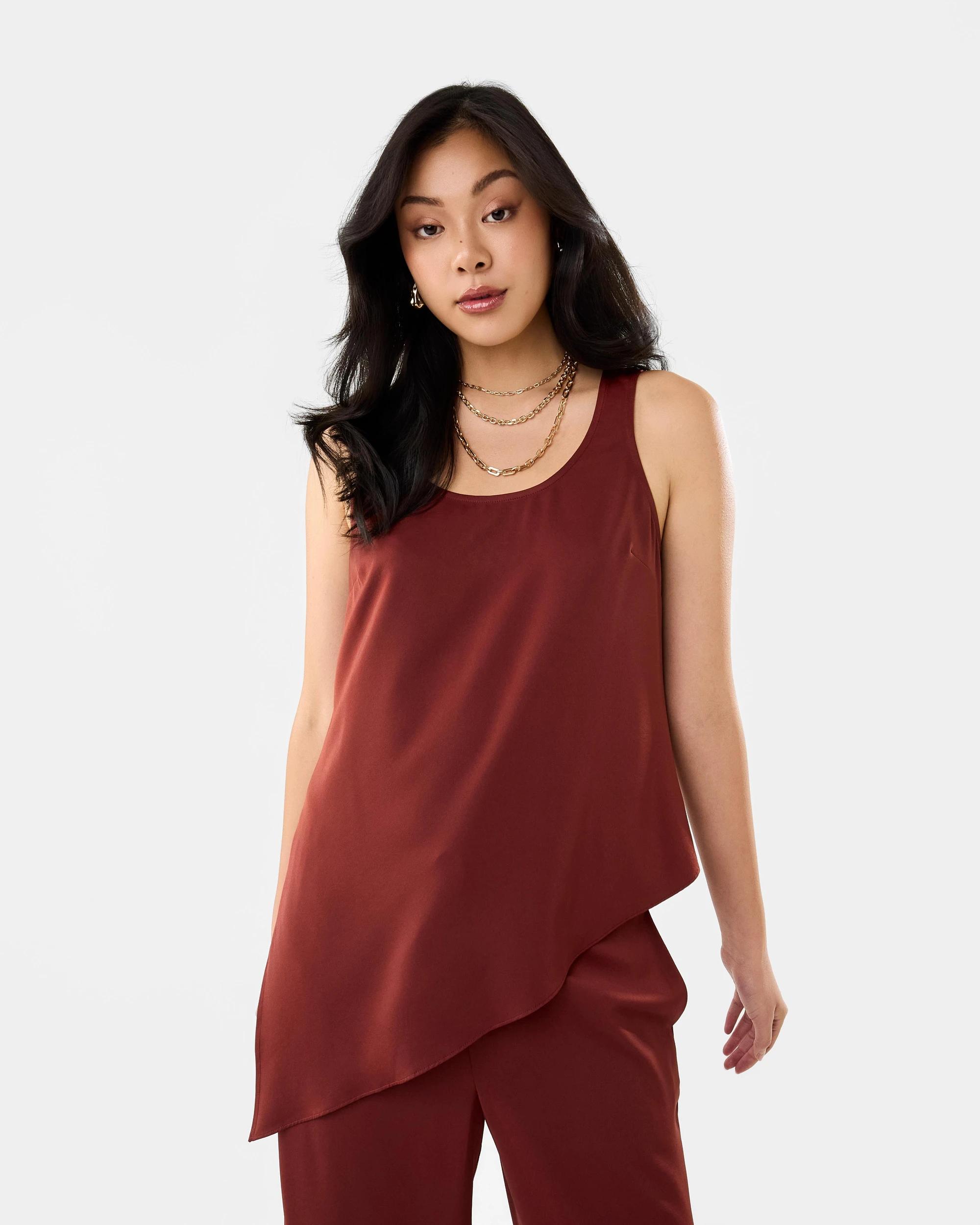 1 Sleeveless Asymmetrical Satin Scoop Tank Burnt Rust, 1 of 8