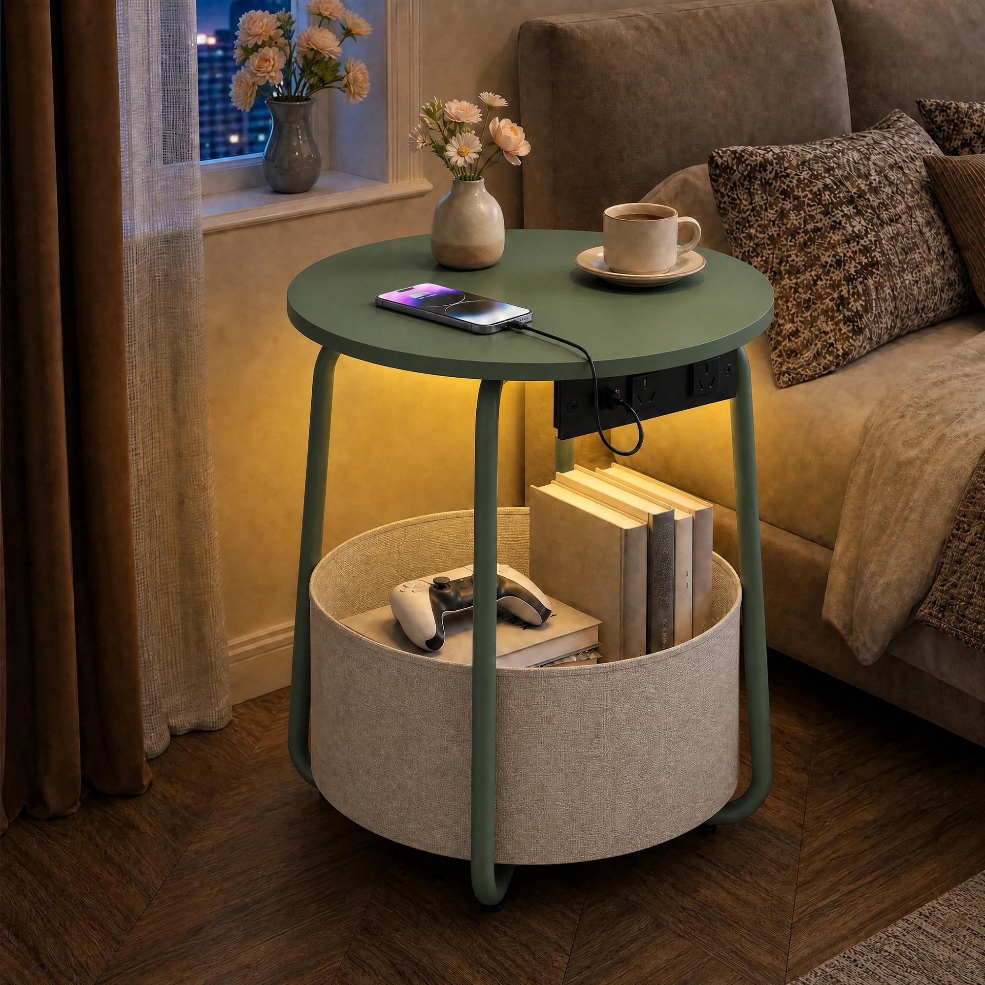 4 Advwin Small Round Side Table with Charging Station Nightstand with Fabric Basket - Green, 4 of 8