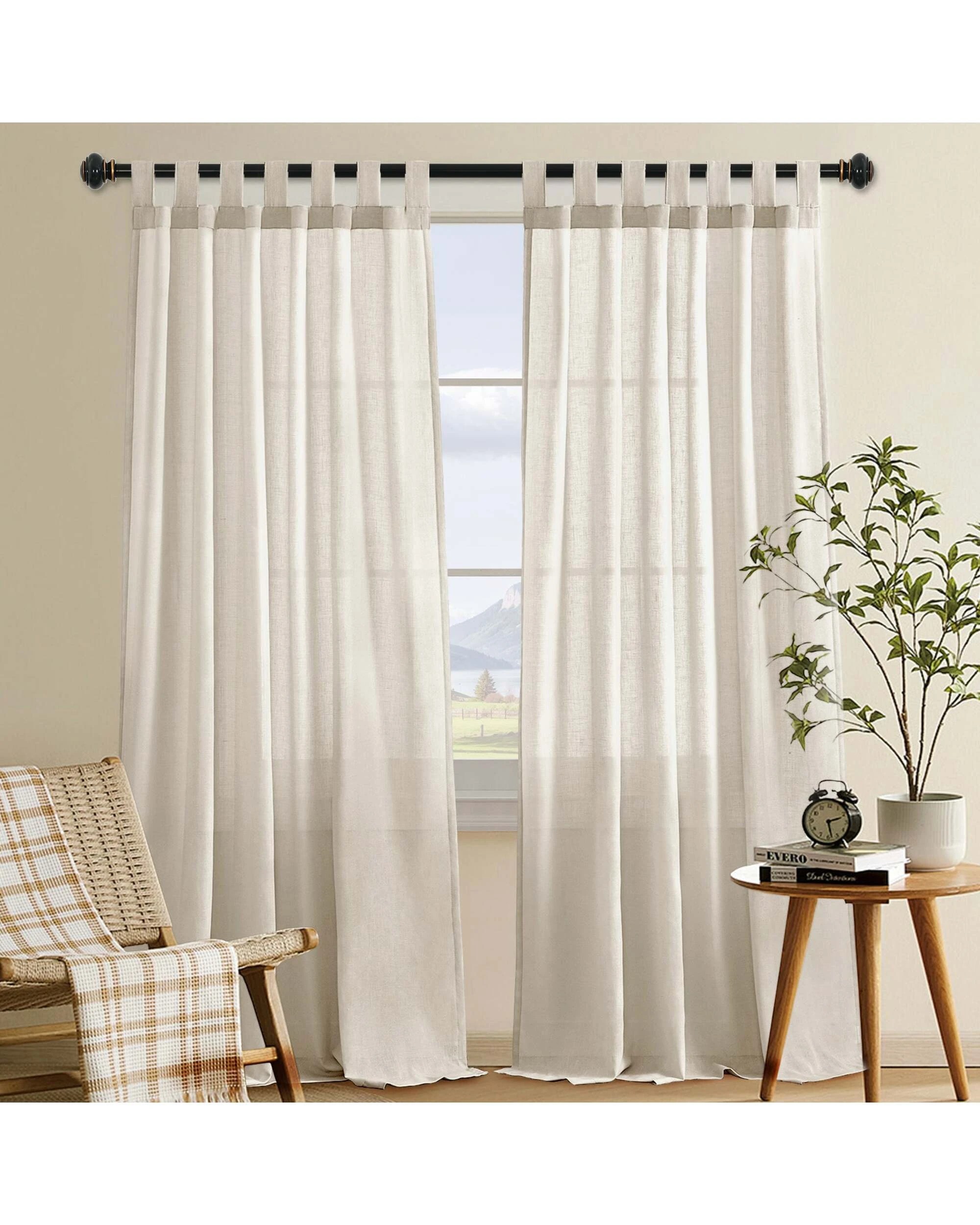 1 Smarcute Linen Blended Tab Top Curtain - 2X 132x243cm - Natural, 1 of 5