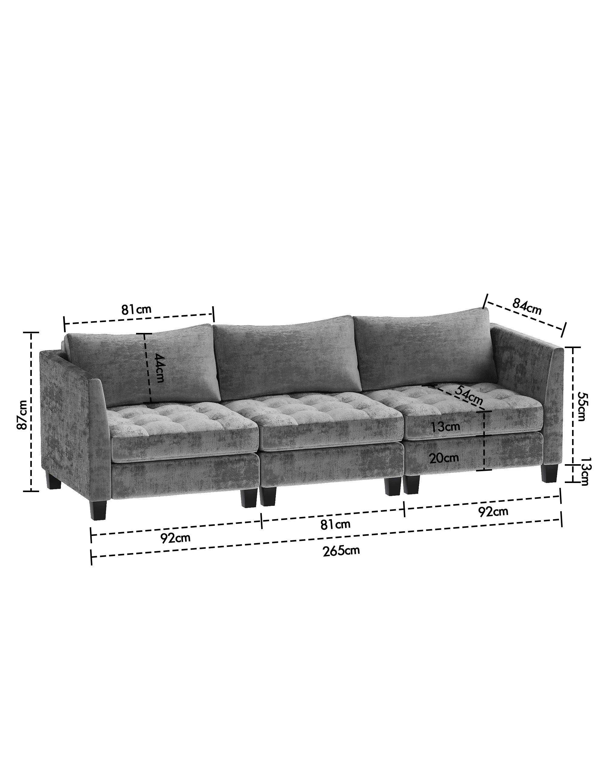 6 Advwin Modern 3 Seaters Sofa Chenille Fabric 265cm - Grey, 6 of 7