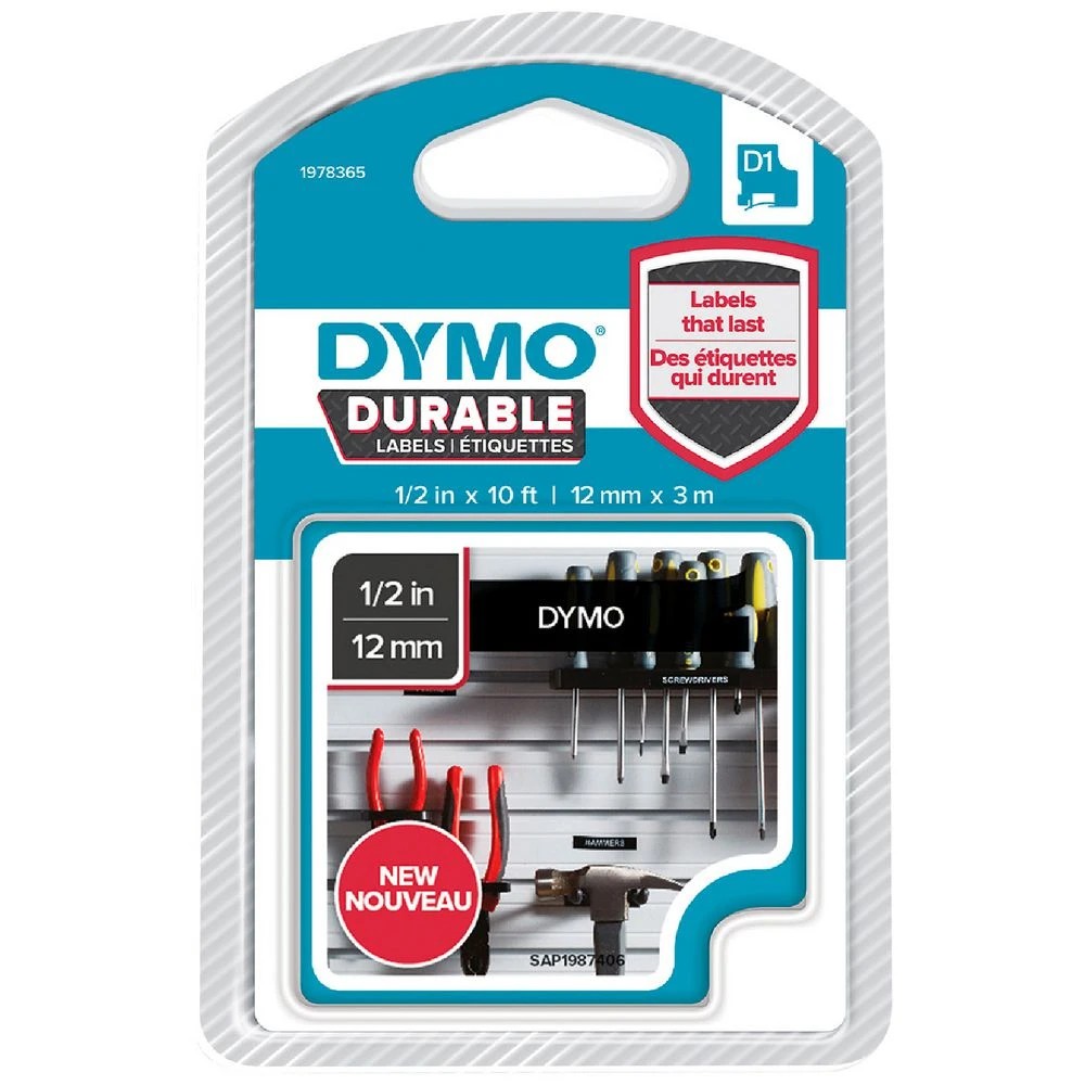 1 DYMO D1 Durable Label Tape 12mm White on Black, 1 of 4
