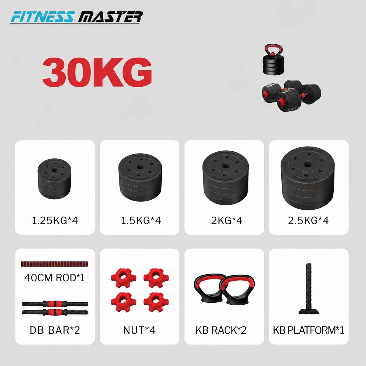 2 Fitness Master 30kg 7in1 Adjustable Dumbbell Barbell Kettlebell Set Home Gym, 2 of 10