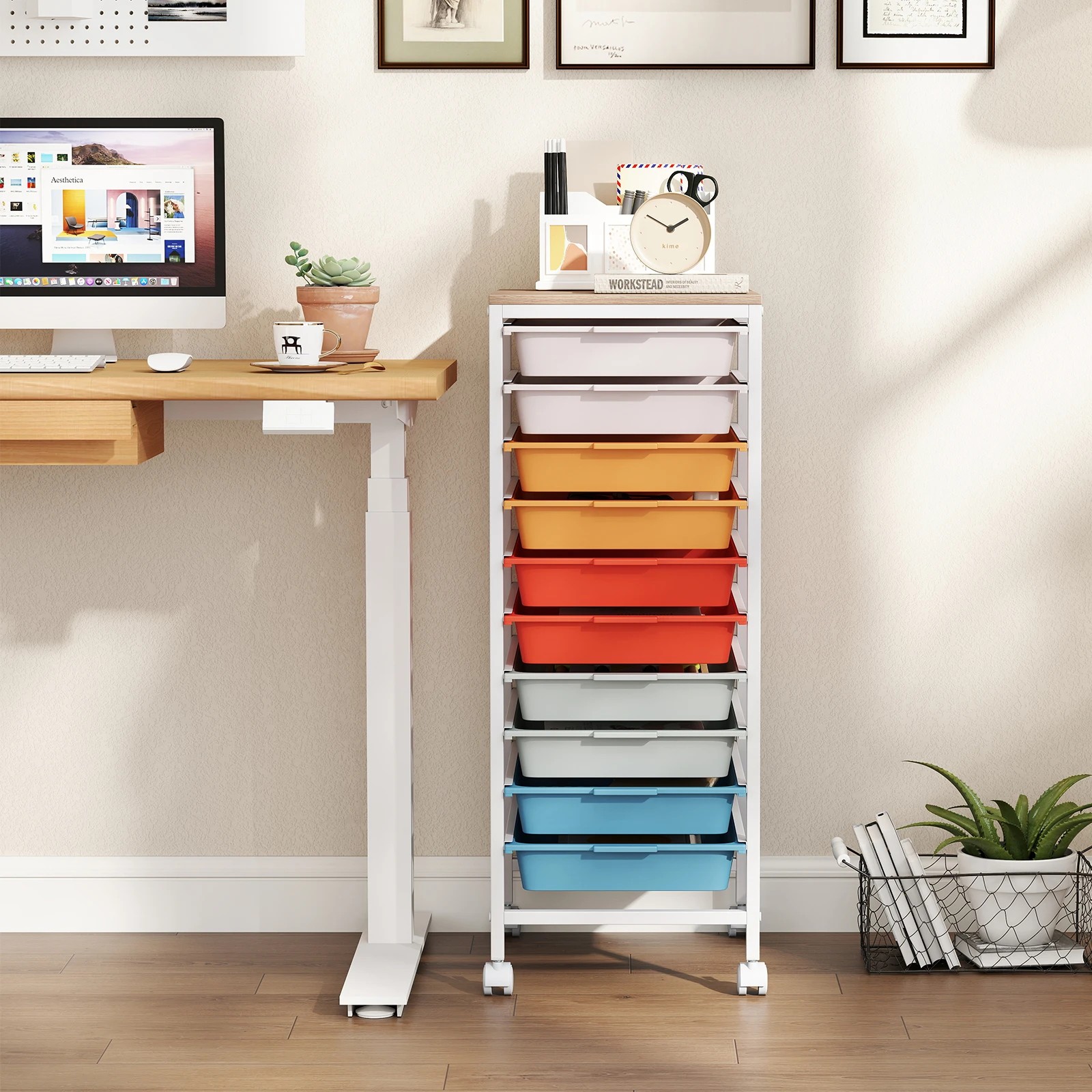 4 Costway 10-Drawer Rolling Storage Cart Mobile Utility Organizer w/Wooden Tabletop - Multi, 4 of 6