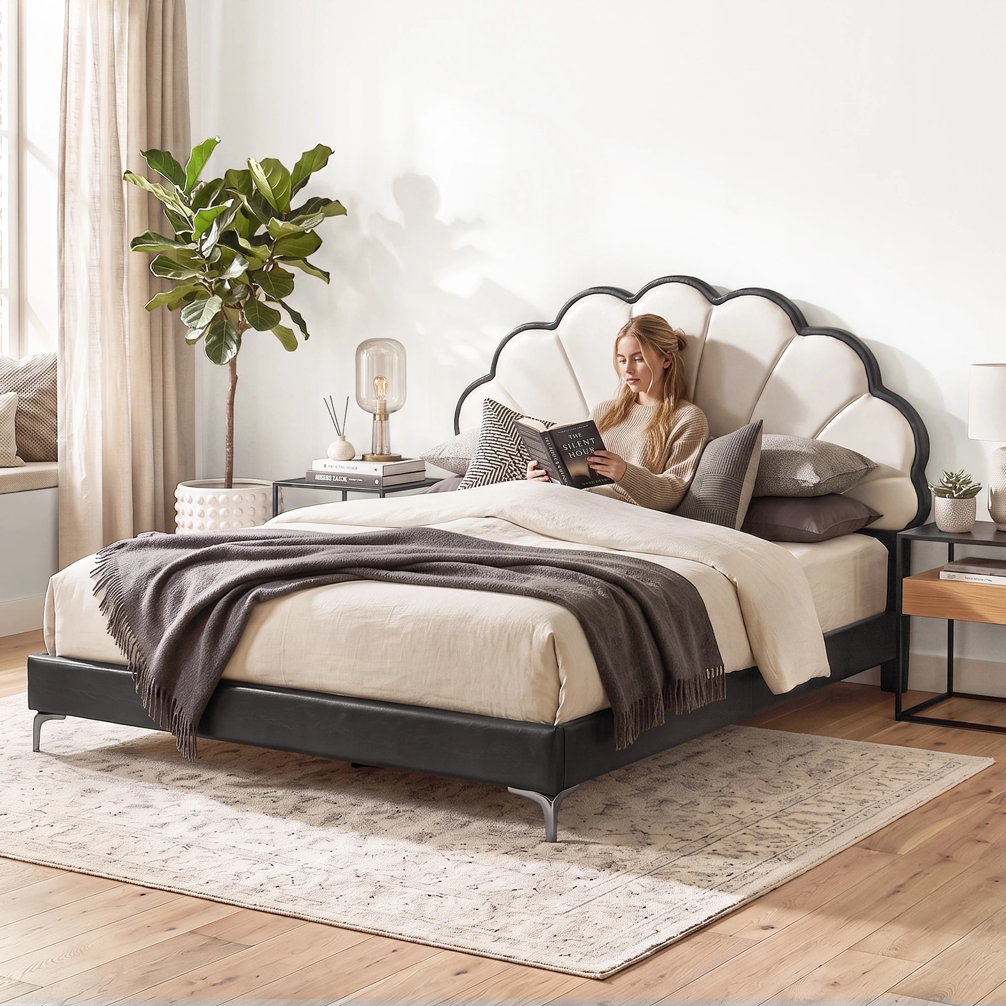8 Artiss Bed Frame with Adjustable Shell Headboard and PVC Upholstery - Double Bed - Multi, 8 of 9