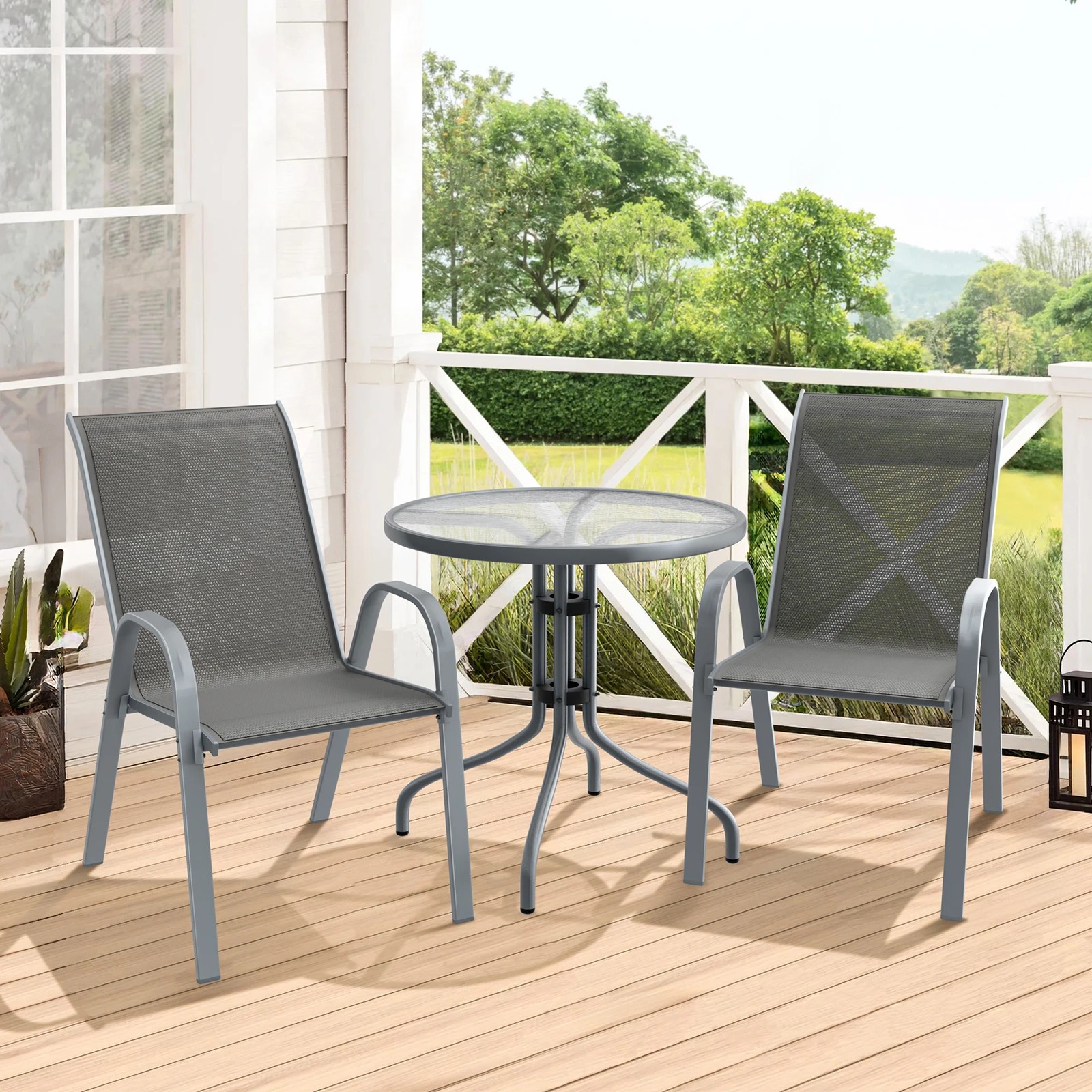 2 Alfordson 3PCS Outdoor Furniture Patio Table and Chairs Set Garden Round - Grey, 2 of 10