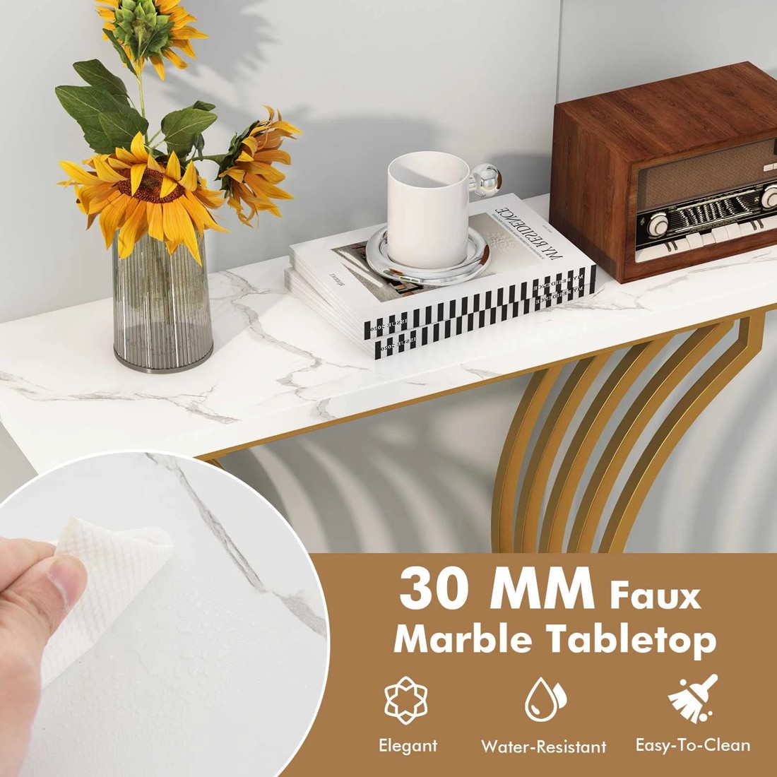 6 Costway Modern Console Table Faux Marble Tabletop, 6 of 9