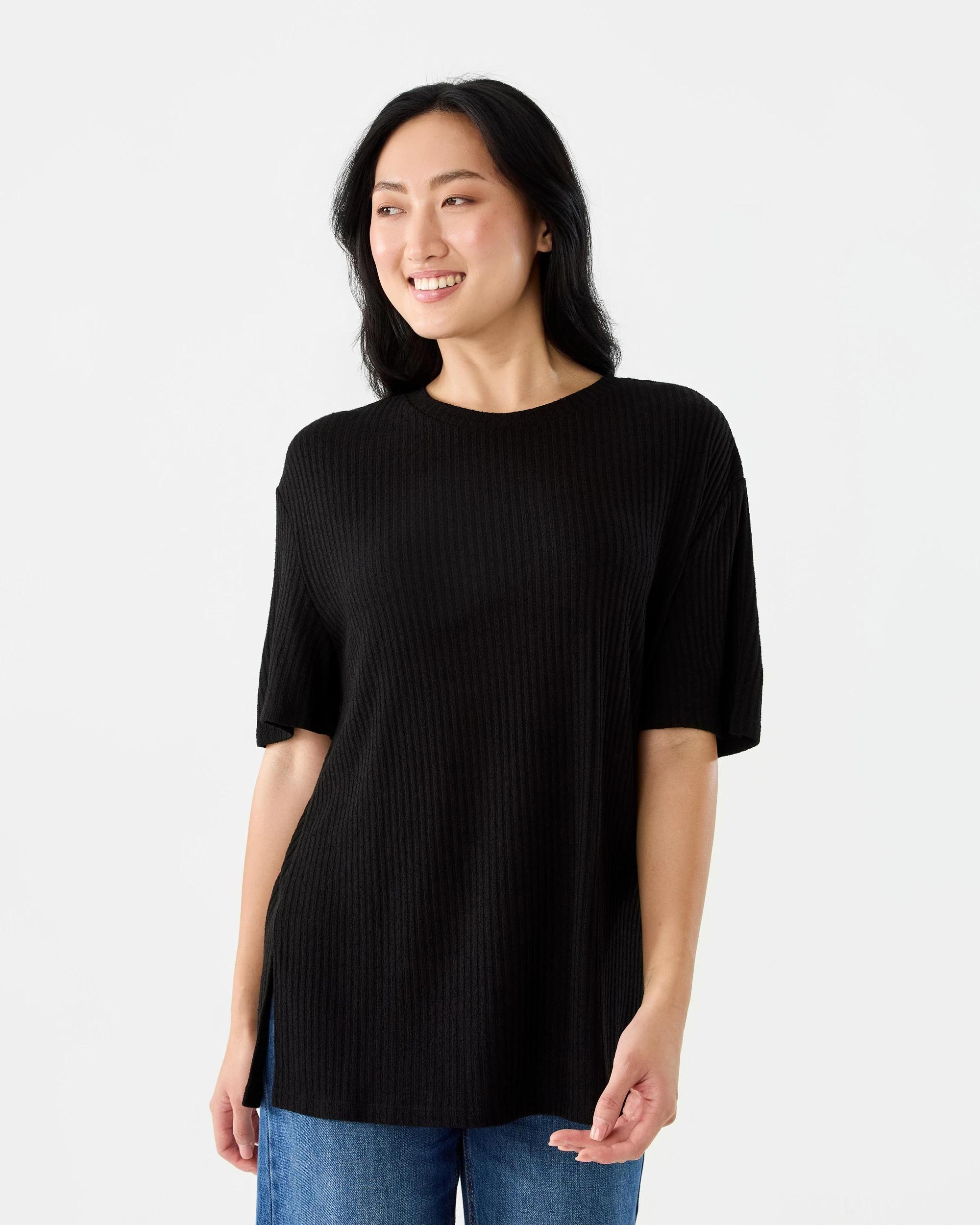 2 Longline Rib Brushed T-shirt Black, 2 of 7