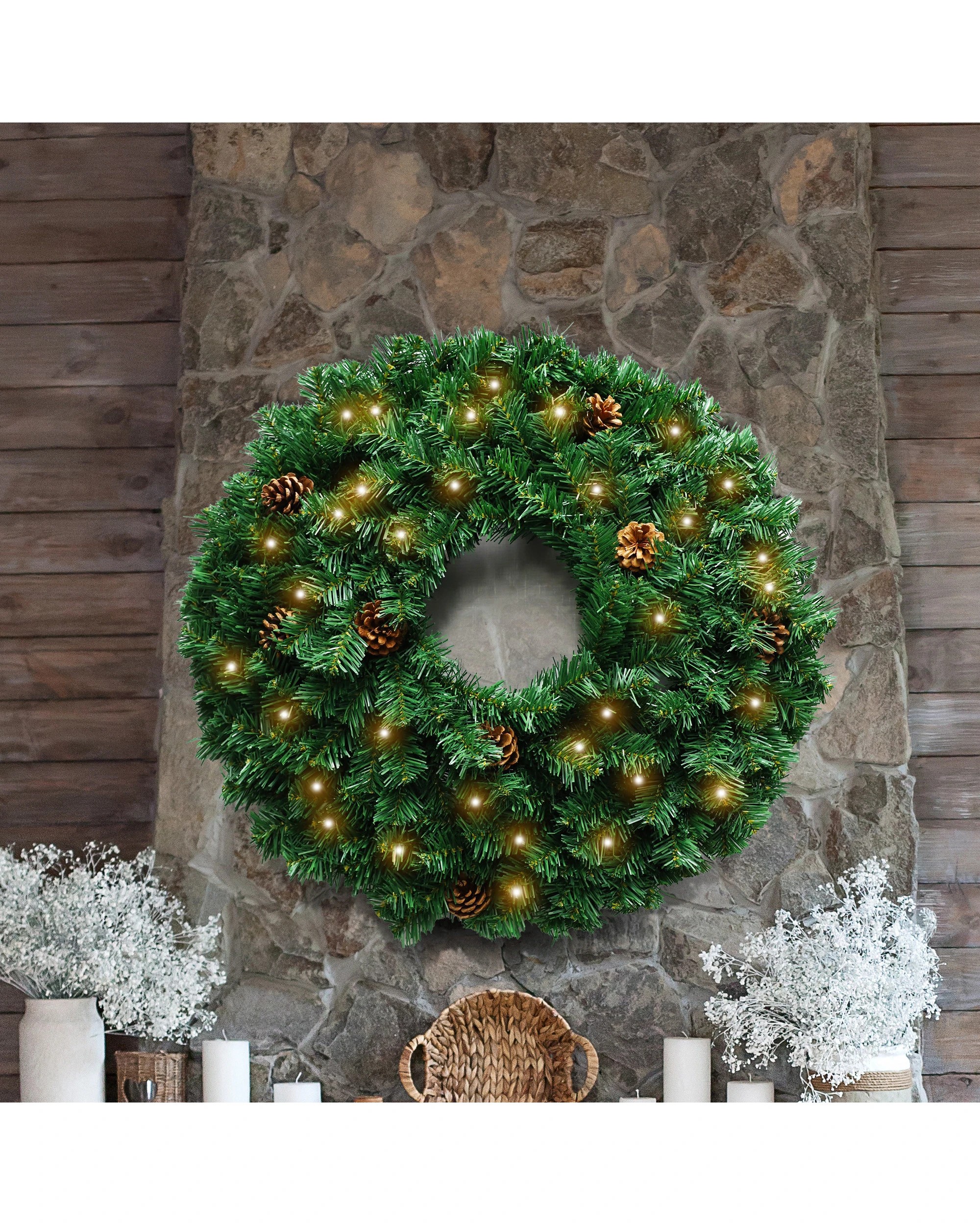 5 Christabelle 61cm Christmas Wreath Yuletide Glow With Pine Cones And Led Lights Front Door Decoration, 5 of 7