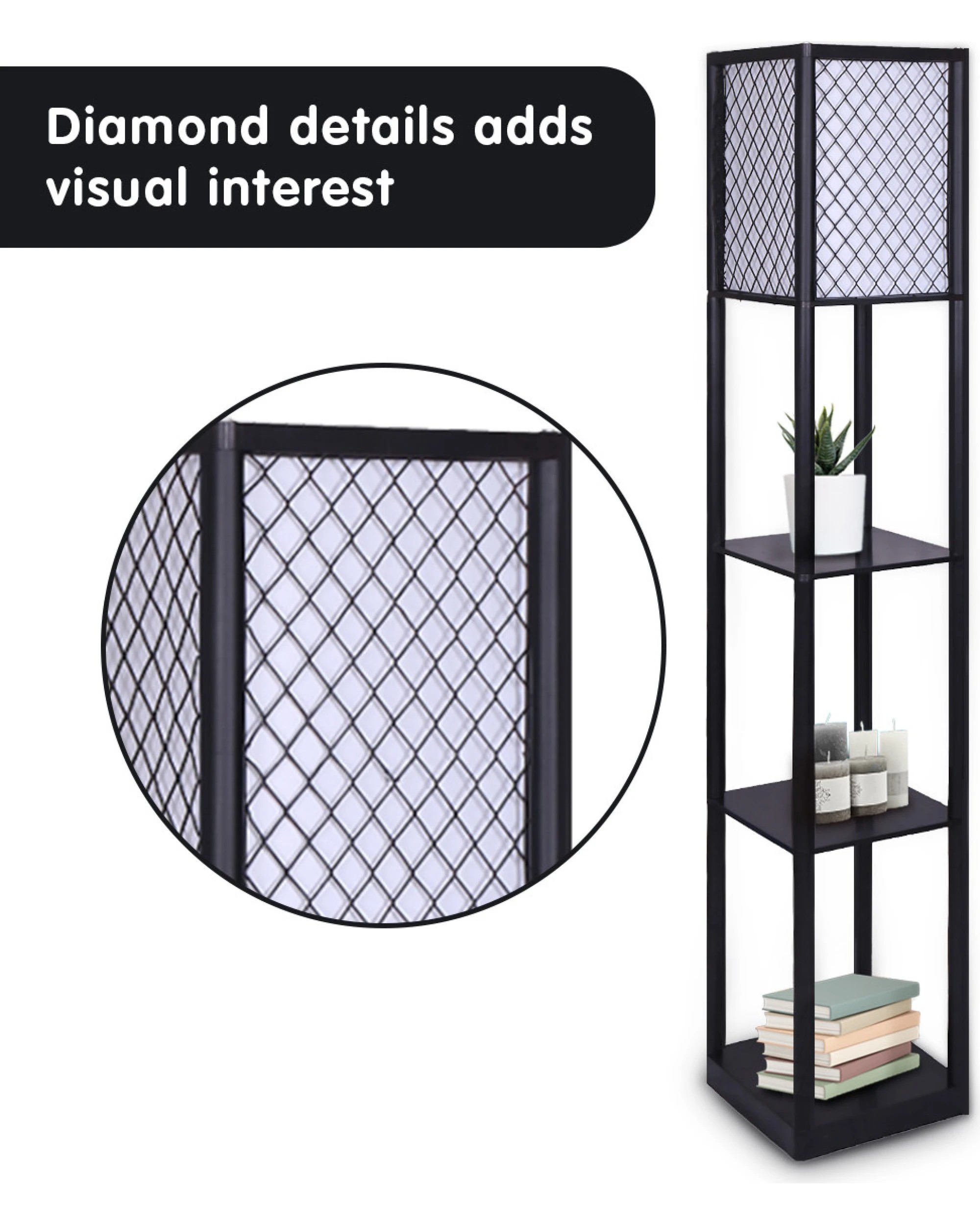 4 Sarantino Etagere Floor Lamp Diamond Look Fabric Shade Shelves Black, 4 of 4
