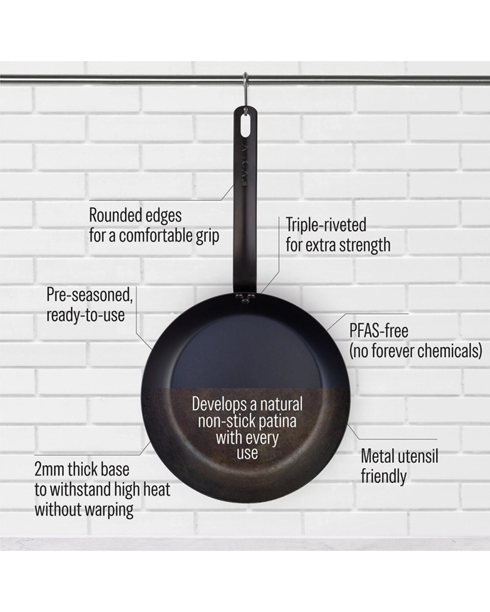 3 Evolv Pre-Seasoned Carbon Steel Kitchen Fry Pan Heavy Gauge Cookware 26cm - Black, 3 of 4