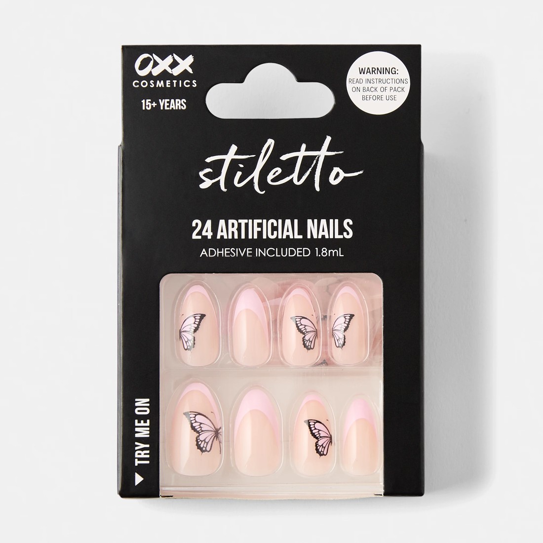 1 OXX Cosmetics 24 Pack Artificial Nails with Adhesive - Stiletto Shape, Butterfly, 1 of 5