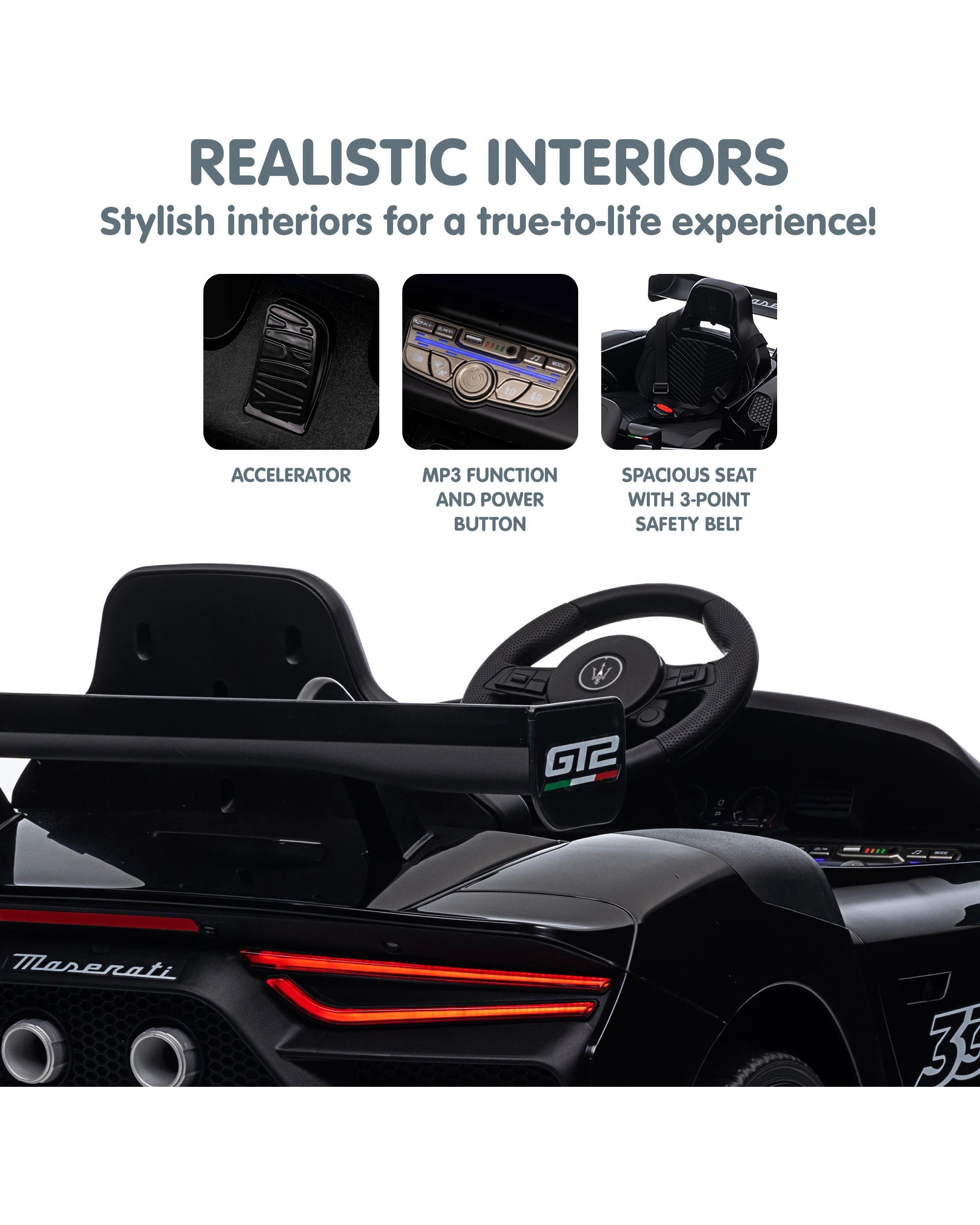 7 Kahuna Maserati MC20 GT2 Licensed Electric Kids Ride On Race Car Black, 7 of 10