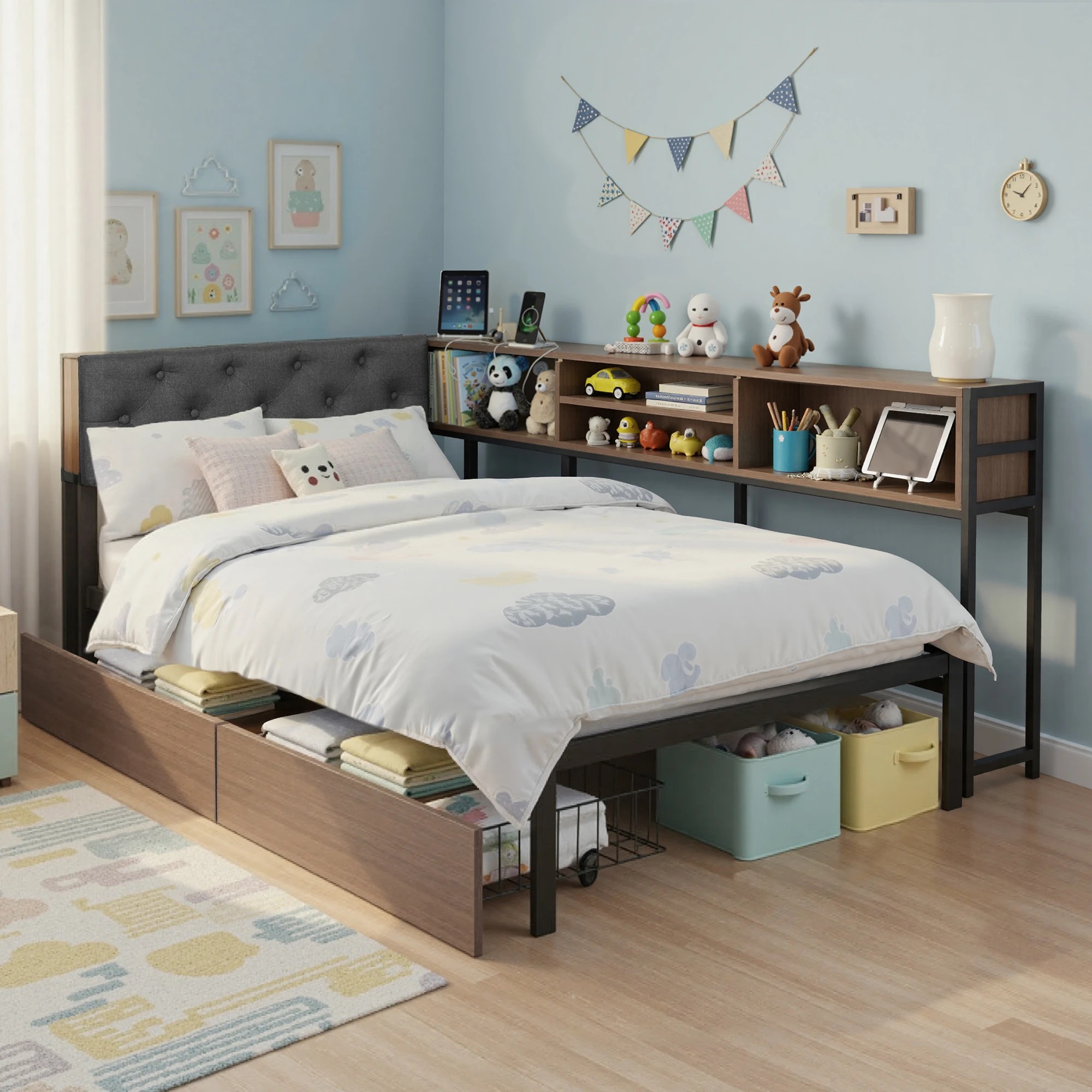 9 Artiss Bed Frame Single Size with 2 Drawers and Charging Station Metal Corner - Multi, 9 of 9