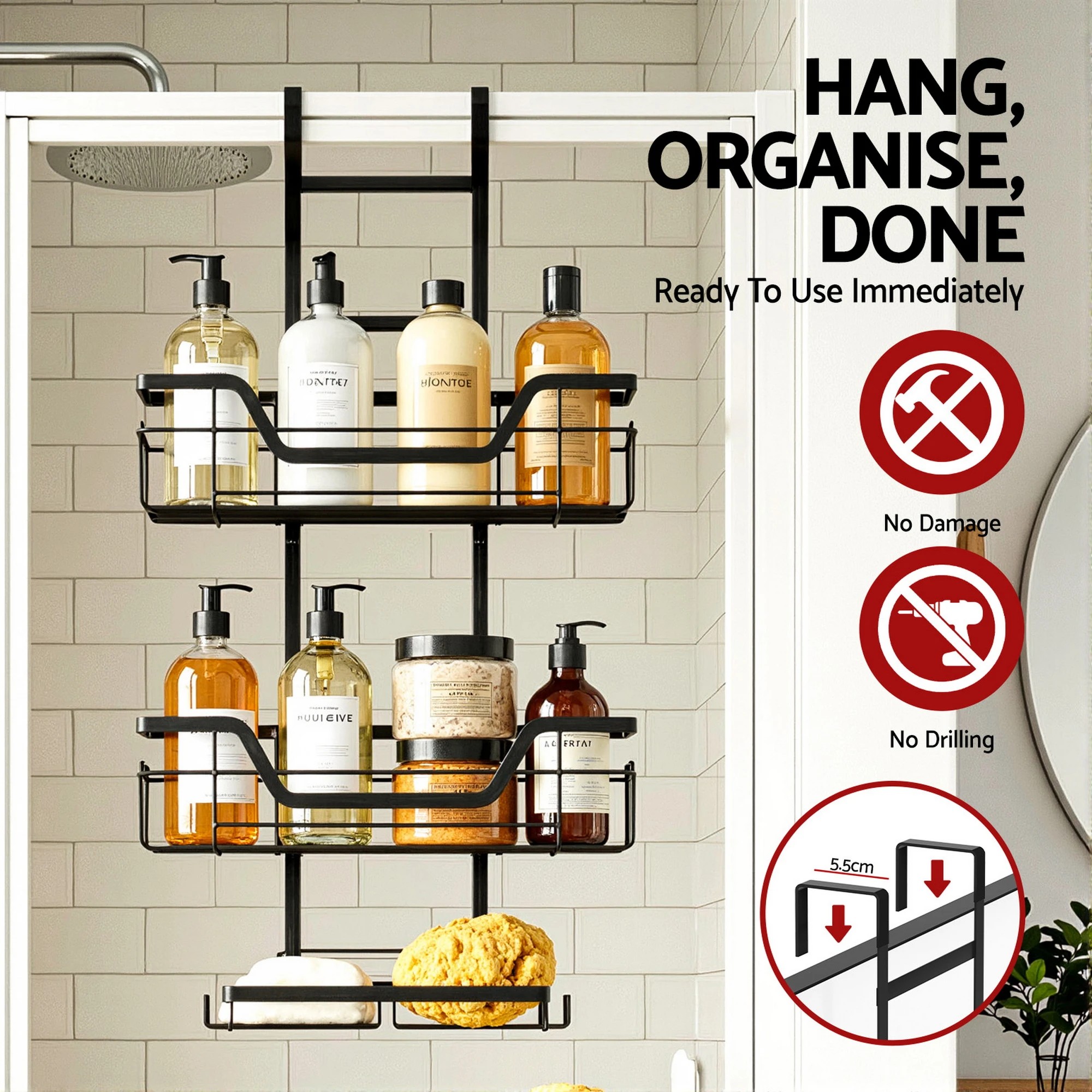 2 Artiss 3 Tier Over The Door Shower Caddy Hanging Bathroom Storage Organizer - Black, 2 of 7