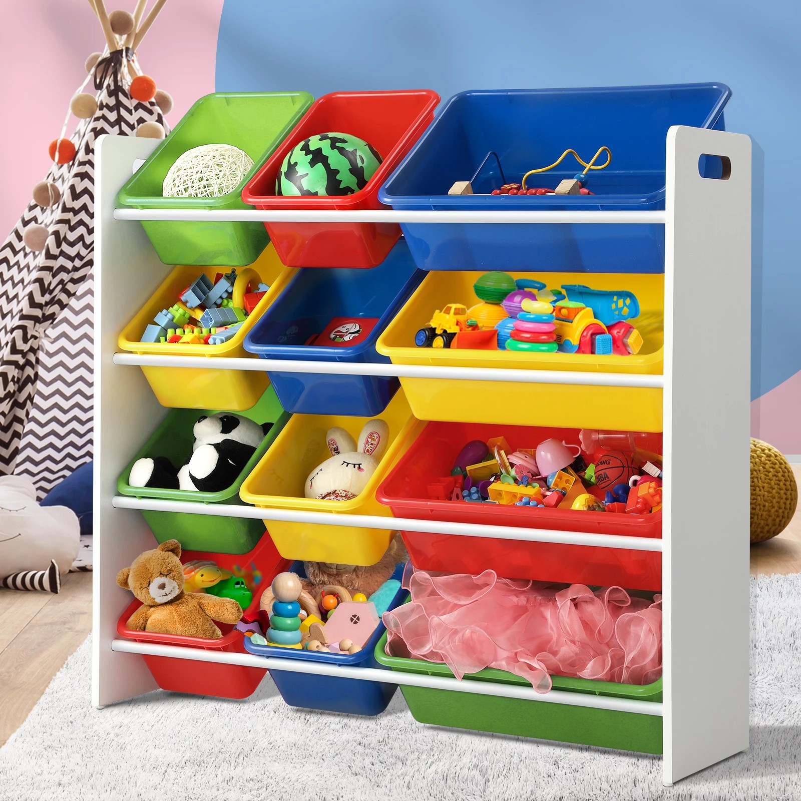 2 Oikiture Kids Toy Box Organiser 12 Bins Display Shelf Storage Rack Drawer
 - White, 2 of 10