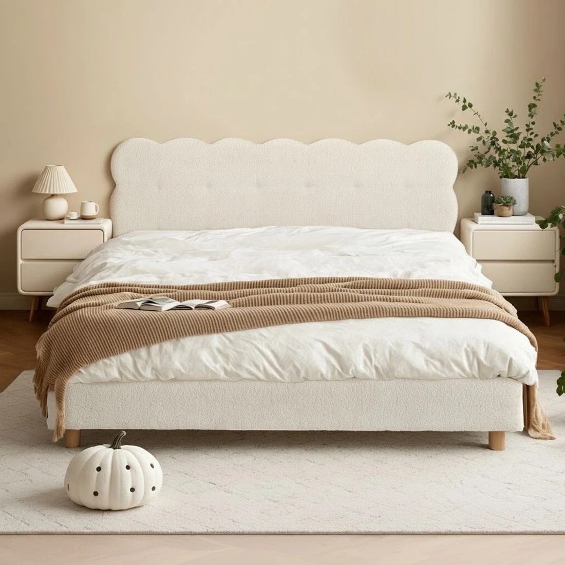 4 Artiss Double Bed Frame Cloud Headboard Boucle Fabric Mattress Platform Base - White, 4 of 7