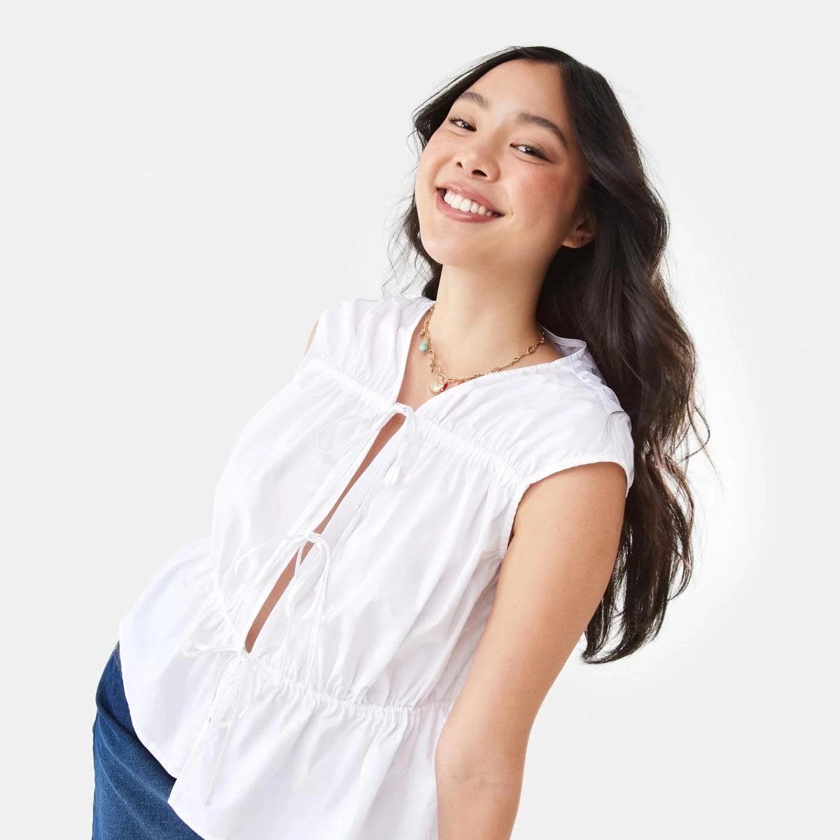 5 Sleeveless Poplin Gathered Tie Top WHITE, 5 of 9