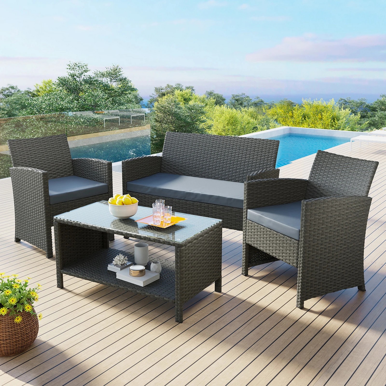 9 Alfordson Outdoor Furniture 4PCS Garden Patio Chairs Table Set Wicker - Dark Grey, 9 of 10