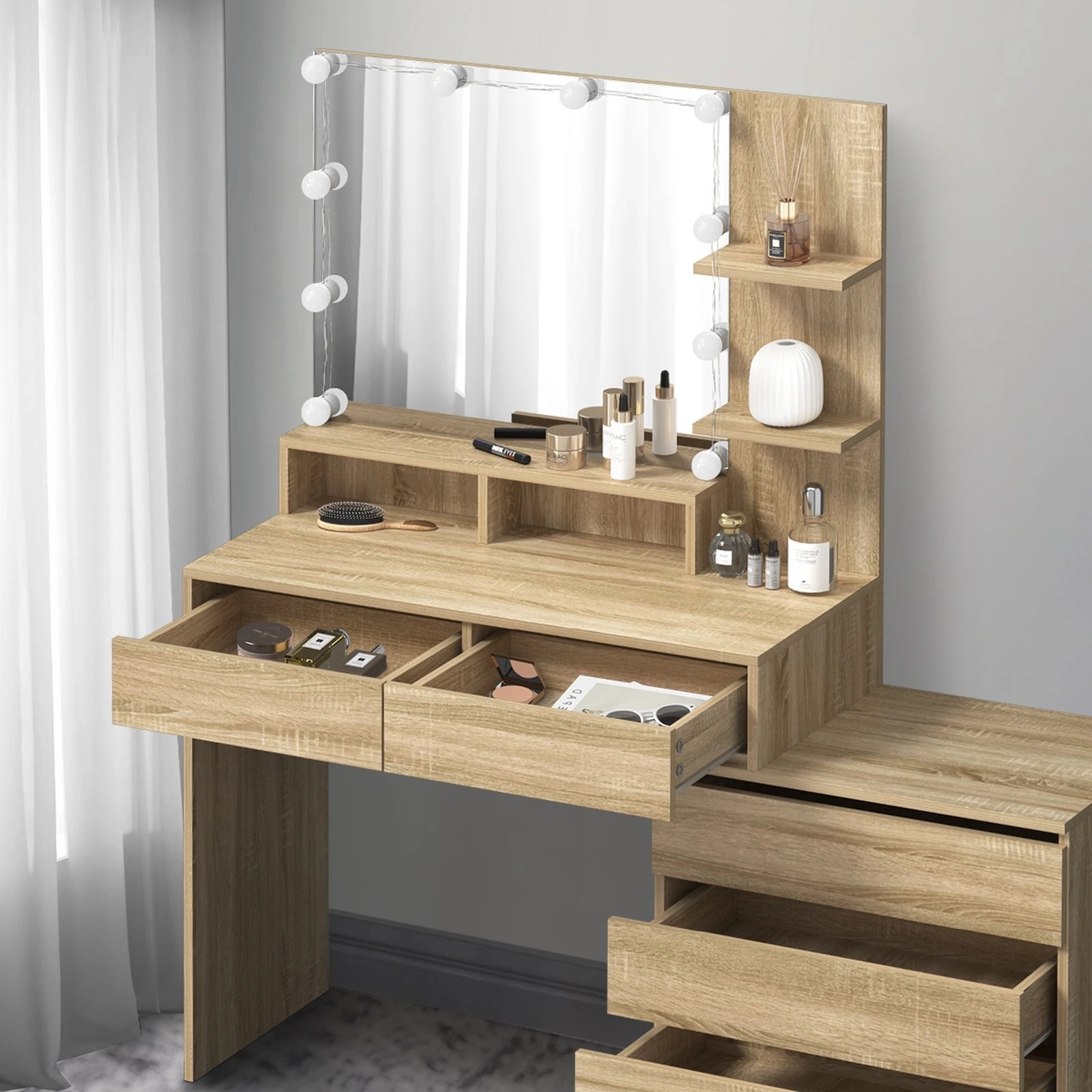 5 Oikiture Dressing Table Stool Set Makeup Mirror 10 Led Bulbs Cabinet
 - Natural, 5 of 9