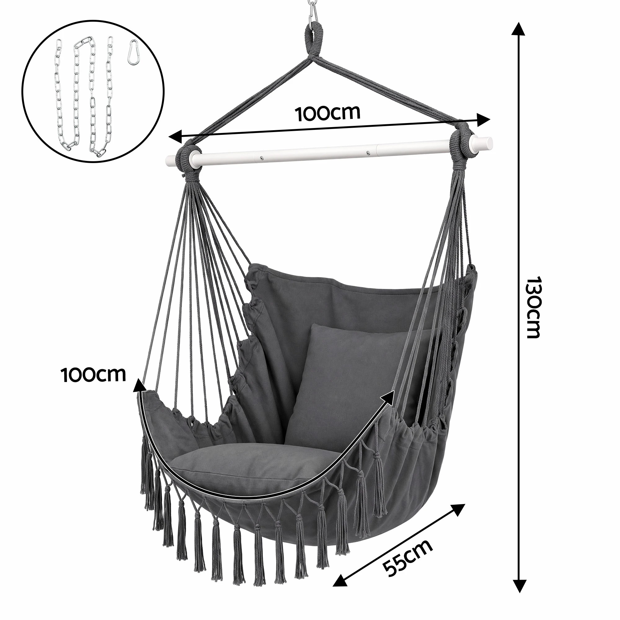 4 Gardeon Hammock Chair Camping Macrame Hanging Swing with Cushions Tassels 120kg Capacity - Grey, 4 of 8