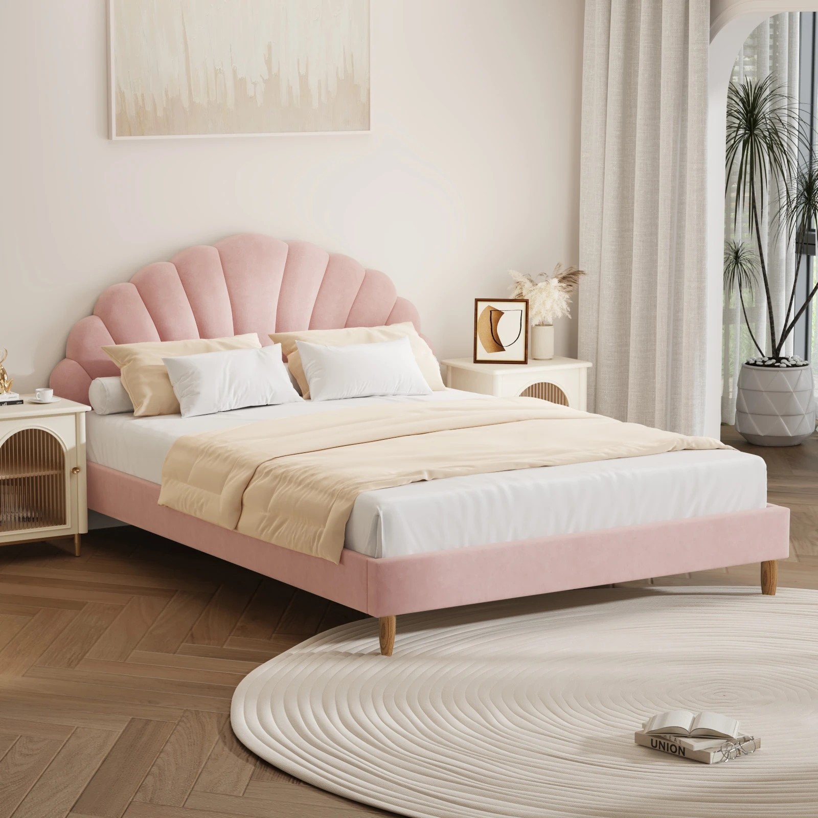 2 Oikiture Double Bed Frame Scallop-shape Bedhead Velvet- Pink, 2 of 10