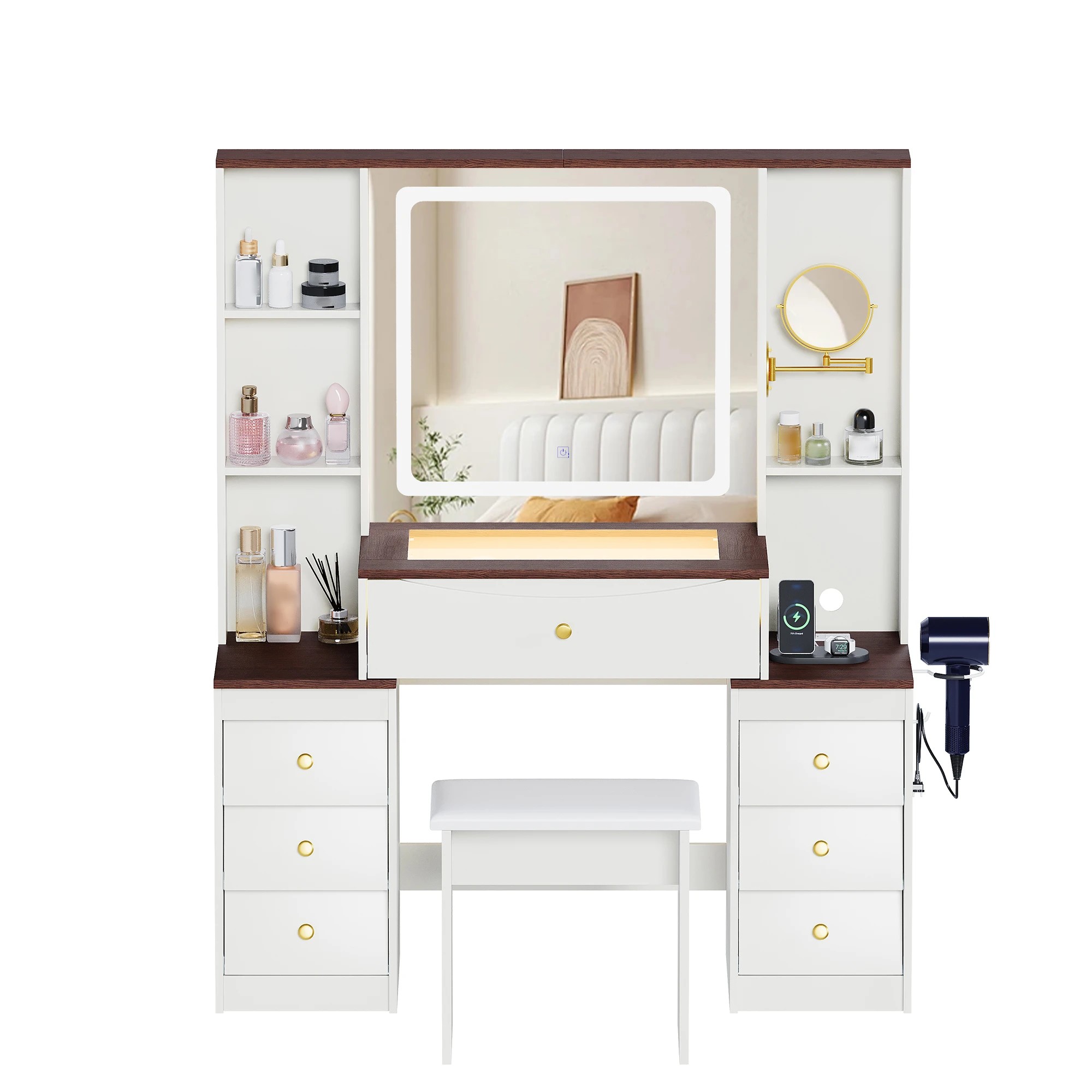 1 Advwin LED Vanity Desk with Mirror and Charging Hub - White, 1 of 10