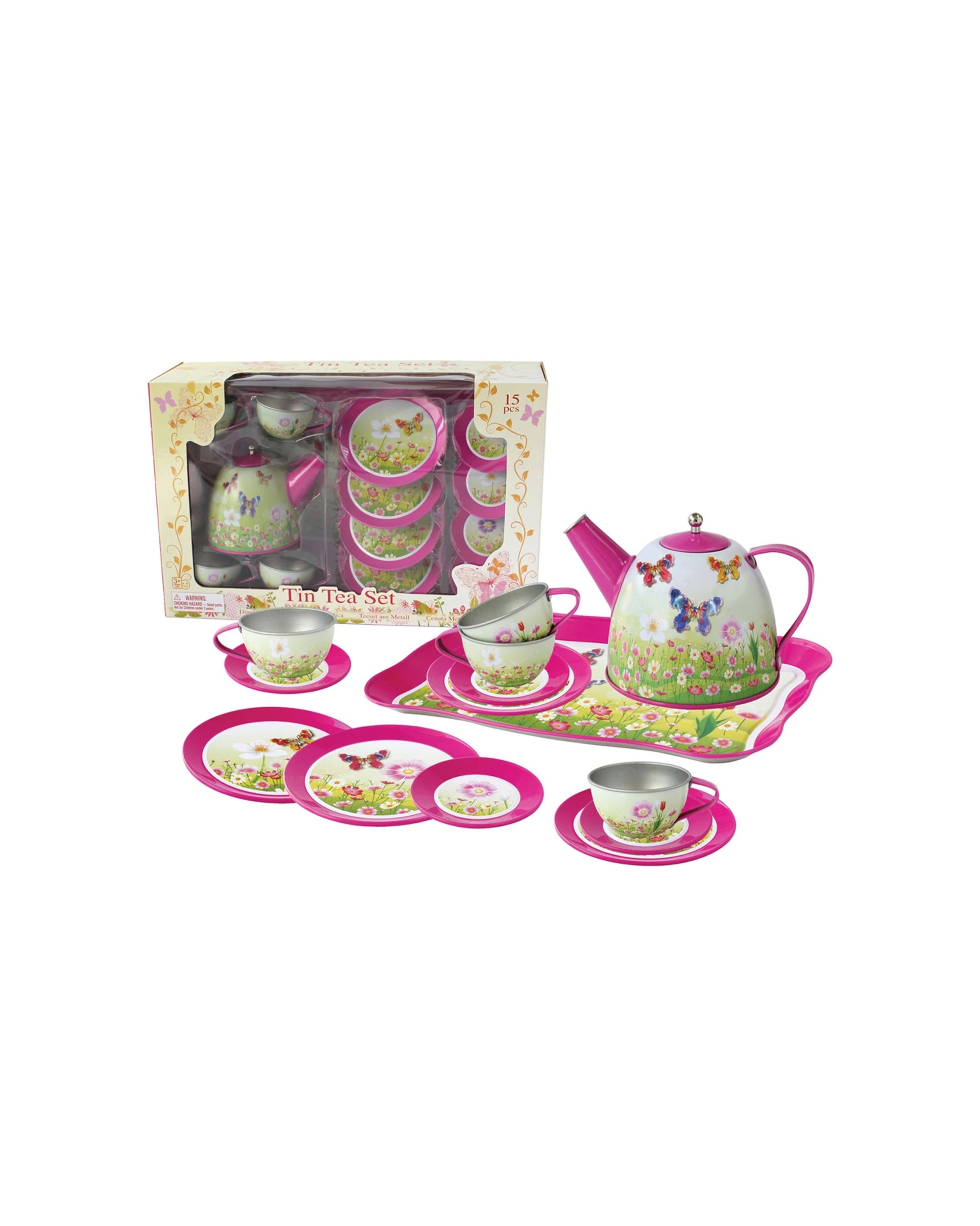 1 Kaper Kidz 15pc Butterfly Tin Tea Set Kids Pretend Play Toy - Pink, 1 of 6