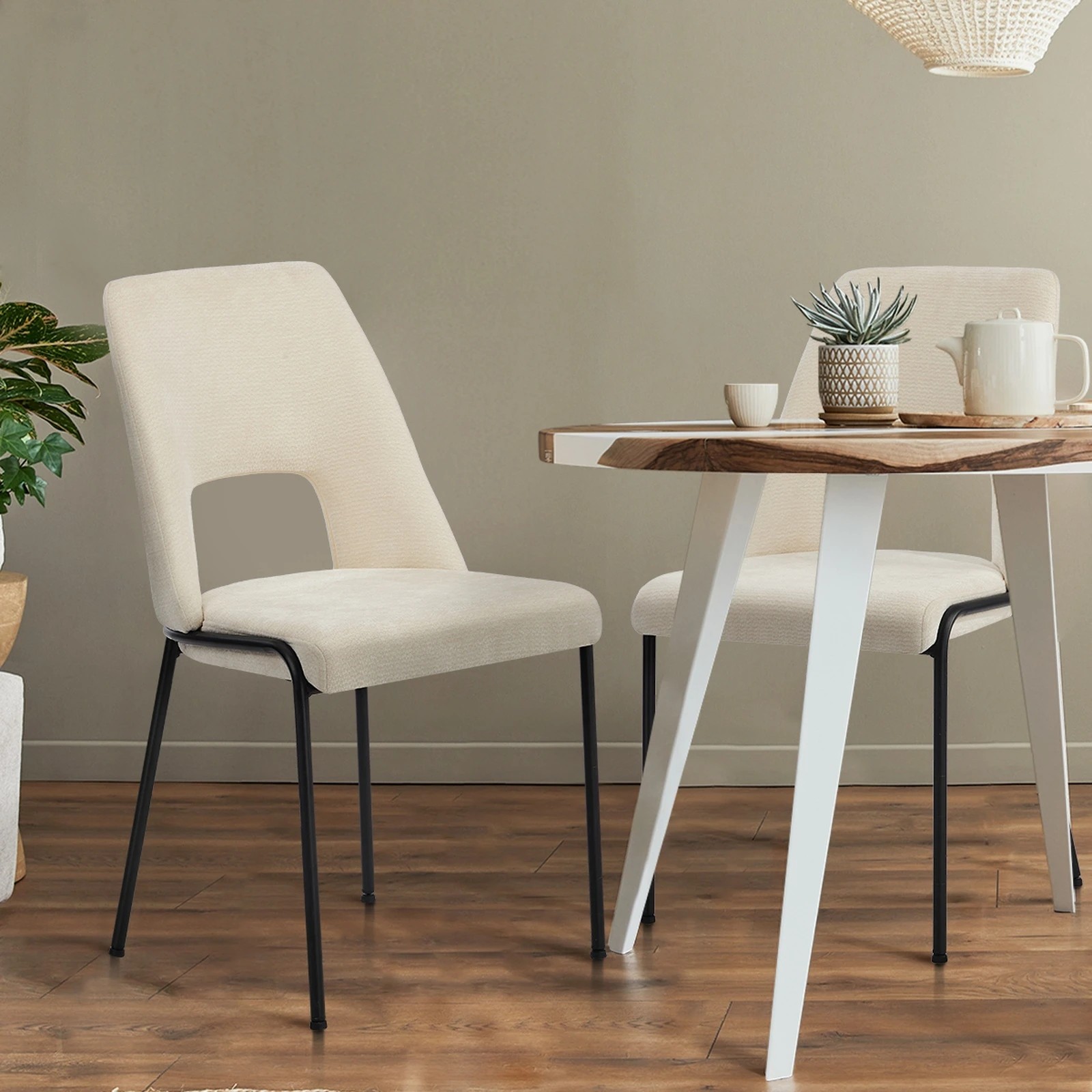 4 Oikiture 4x Dining Chairs Chenille Fabric Kitchen Side Chair - Beige - Beige, 4 of 9