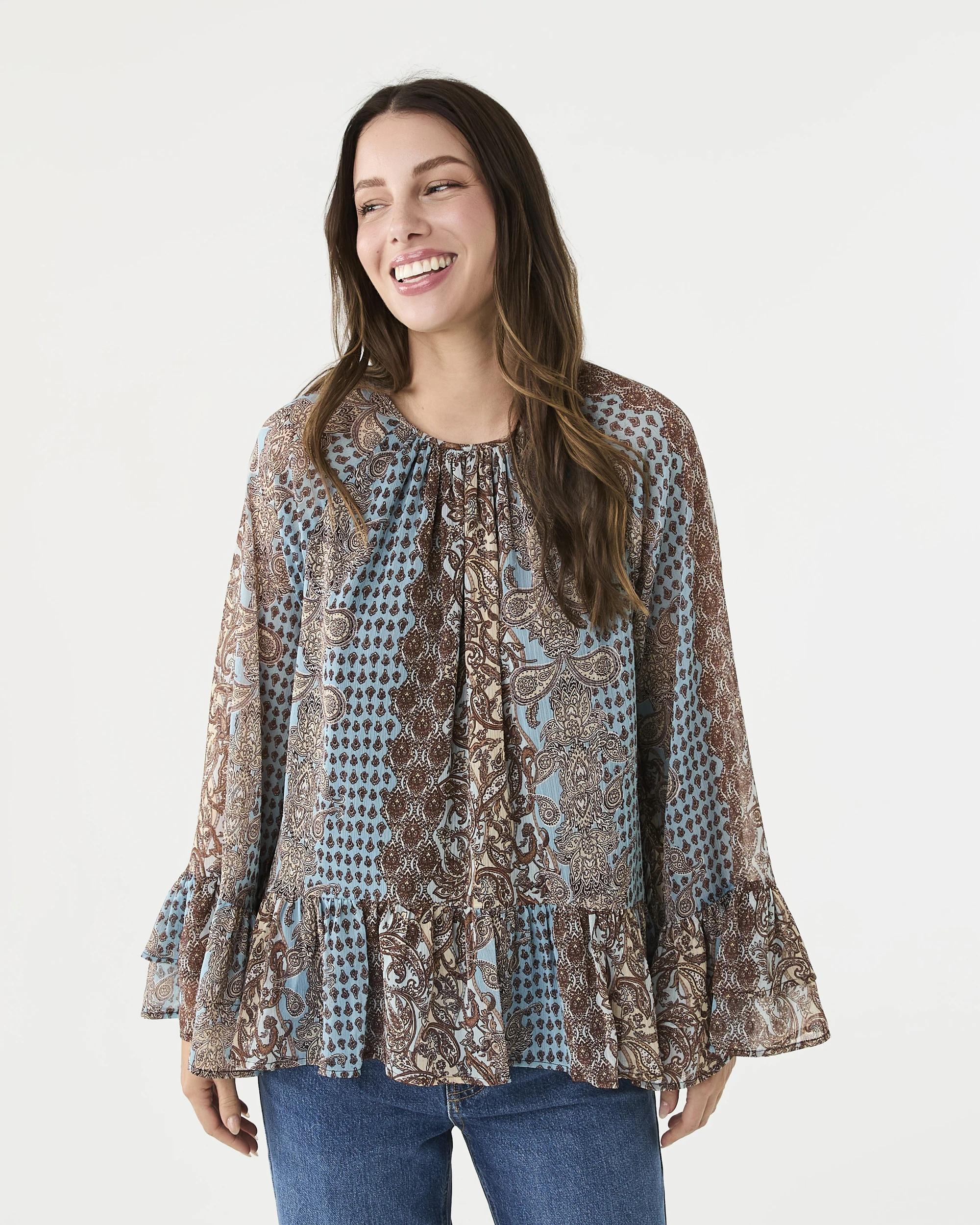 1 Long Sleeve Chiffon Tier Top Paisley, 1 of 8
