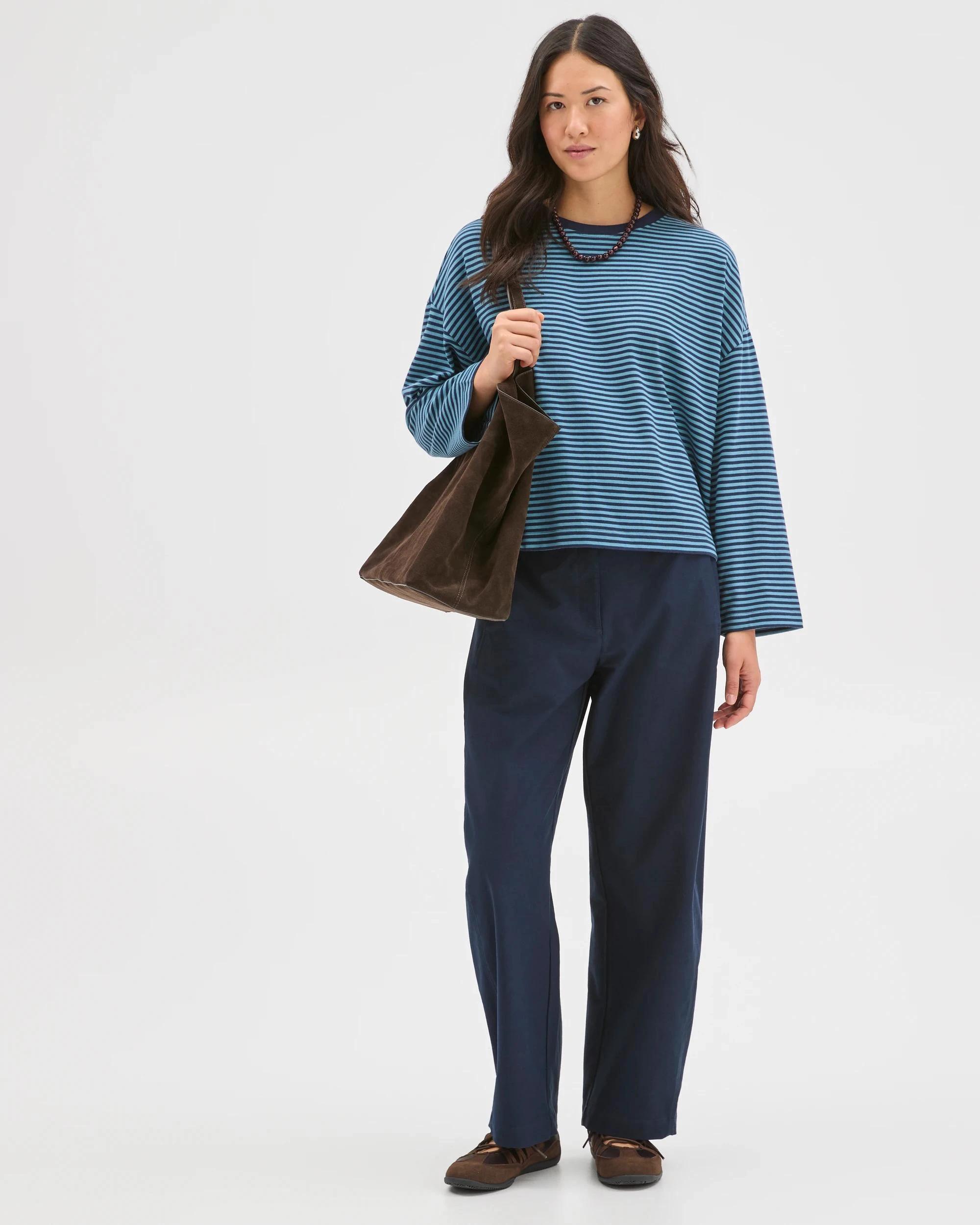 2 Target Woman Australian Cotton Long Sleeve Heavyweight Oversized T-Shirt INK NAVY/DUSTY BLUE STRIPE, 2 of 8