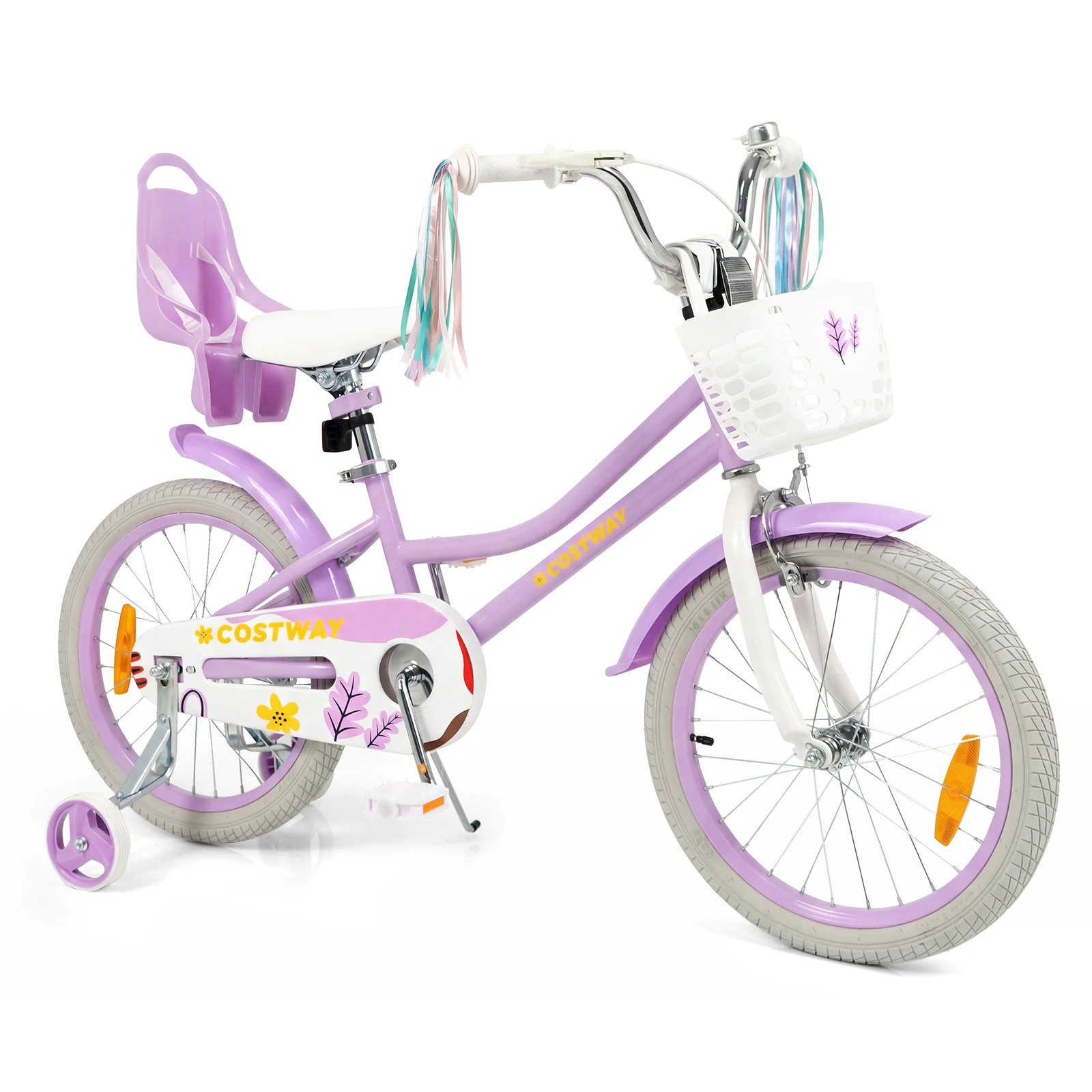 1 Costway 45cm Kids Bike Bicycle Ride-on w/Training Wheels & Doll Seat & Front Basket Beginner - Purple, 1 of 4