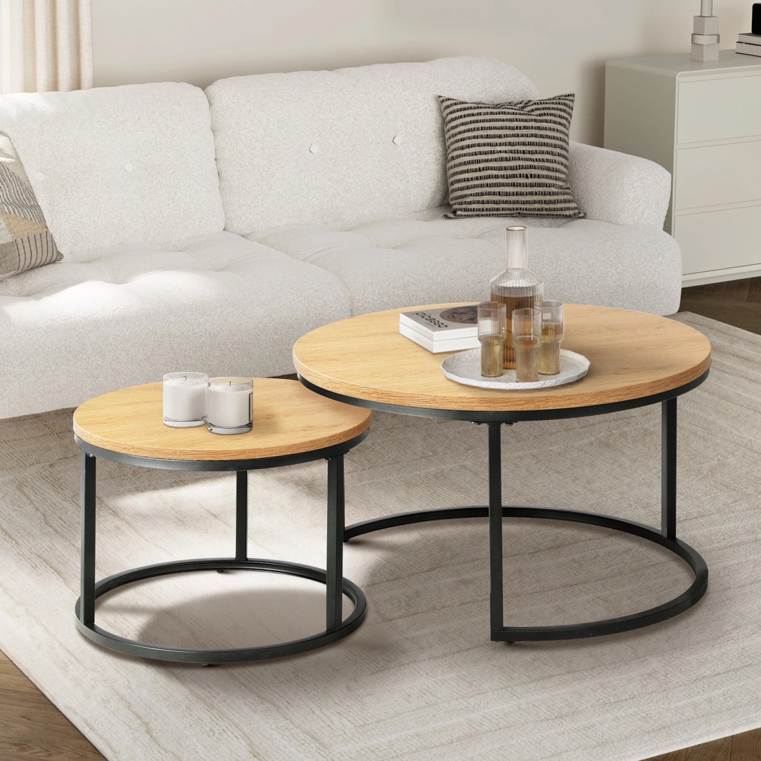 2 Oikiture Set Of 2 Coffee Table Round Nesting Side End Table
 - Natural, 2 of 10