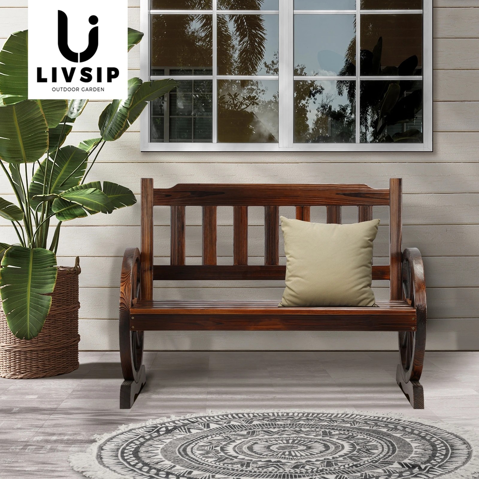 7 Livsip 2 Seater  Outdoor Garden Bench Wooden Wagon Chair - Charcoal, 7 of 10