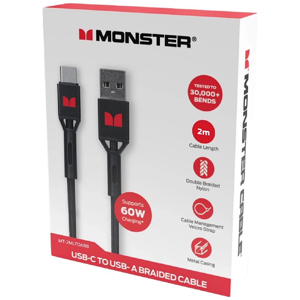 2 Monster Braided USB-A to USB-C Cable 2m Black, 2 of 2
