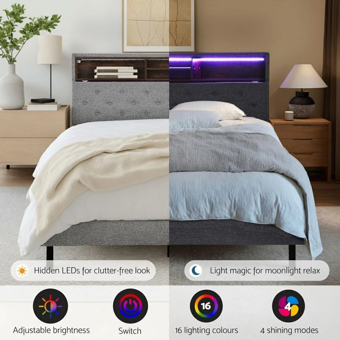 4 Artiss Bed Frame Double Size LED Mattress Base Platform with Storage Shelf Hidden Storage Box - Grey, 4 of 8