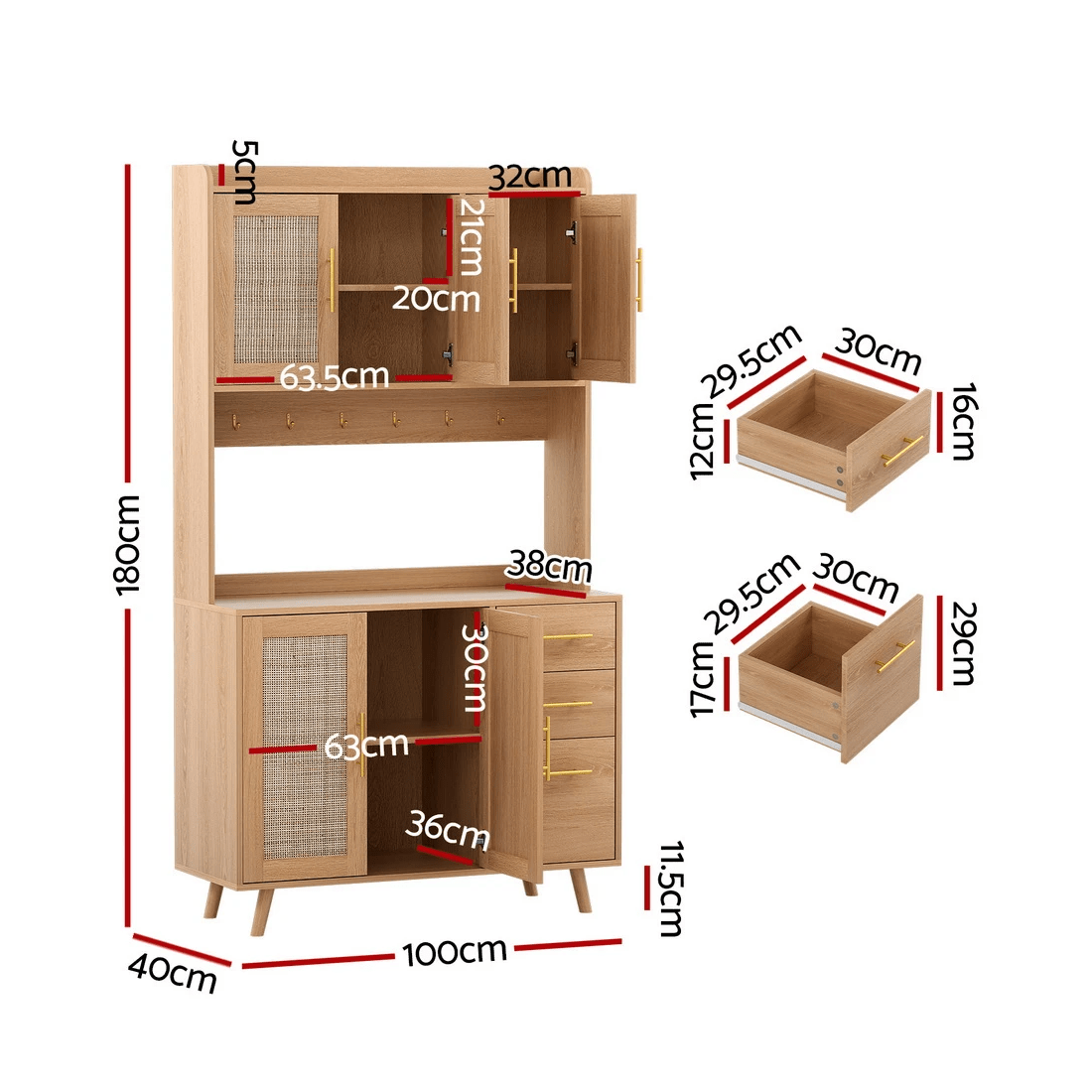 3 Artiss Buffet Sideboard Hutch Storage Cabinet Kitchen Cupboard Hooks Rattan Pine - Natural, 3 of 3