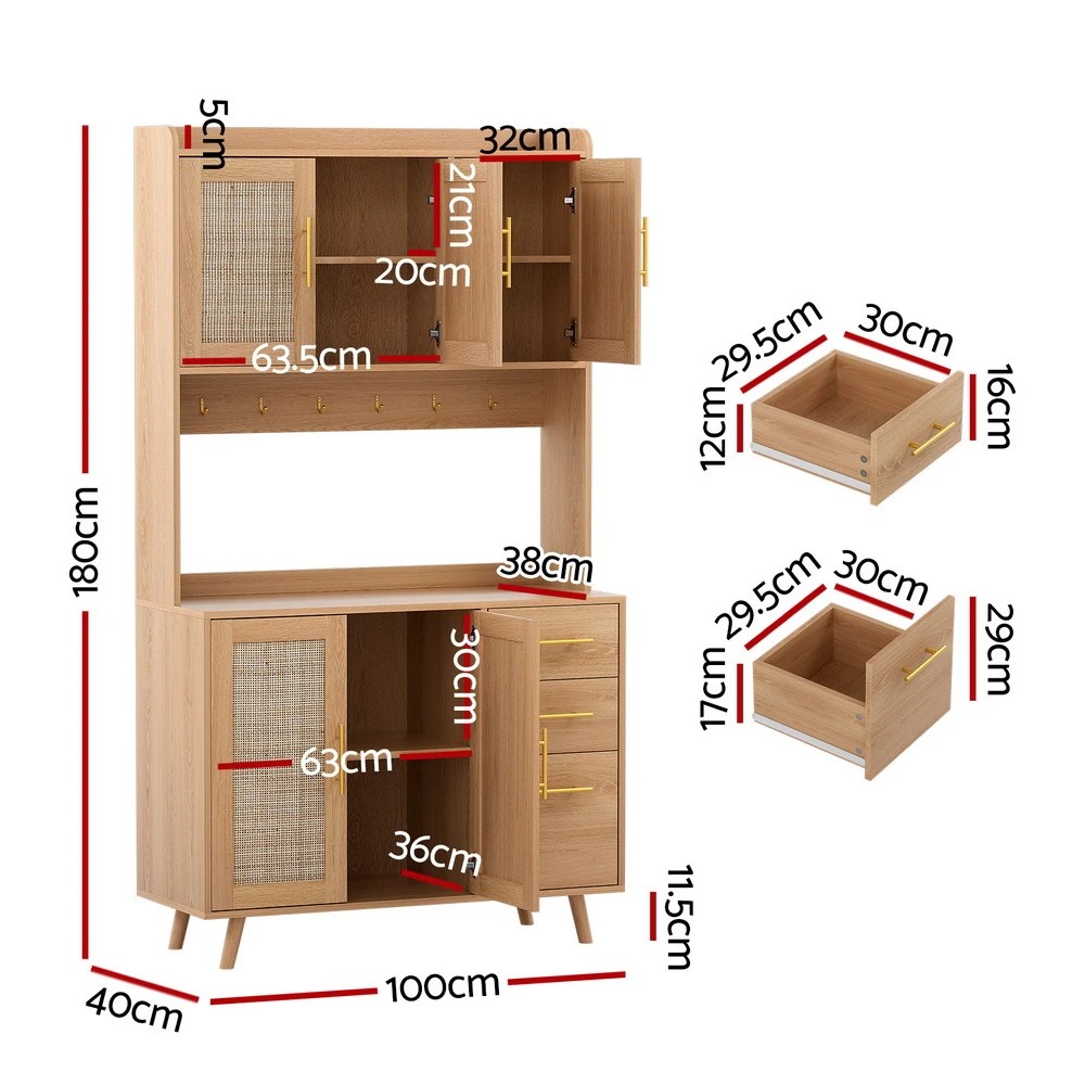 3 Artiss Buffet Sideboard Hutch Storage Cabinet Kitchen Cupboard Hooks Rattan - Natural, 3 of 4