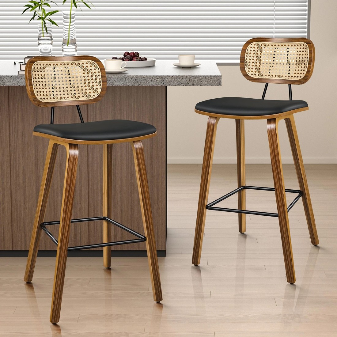 3 Alfordson 4x Bar Stools Kitchen Vintage Leather Seat Rattan Chair Wooden - Black, 3 of 9