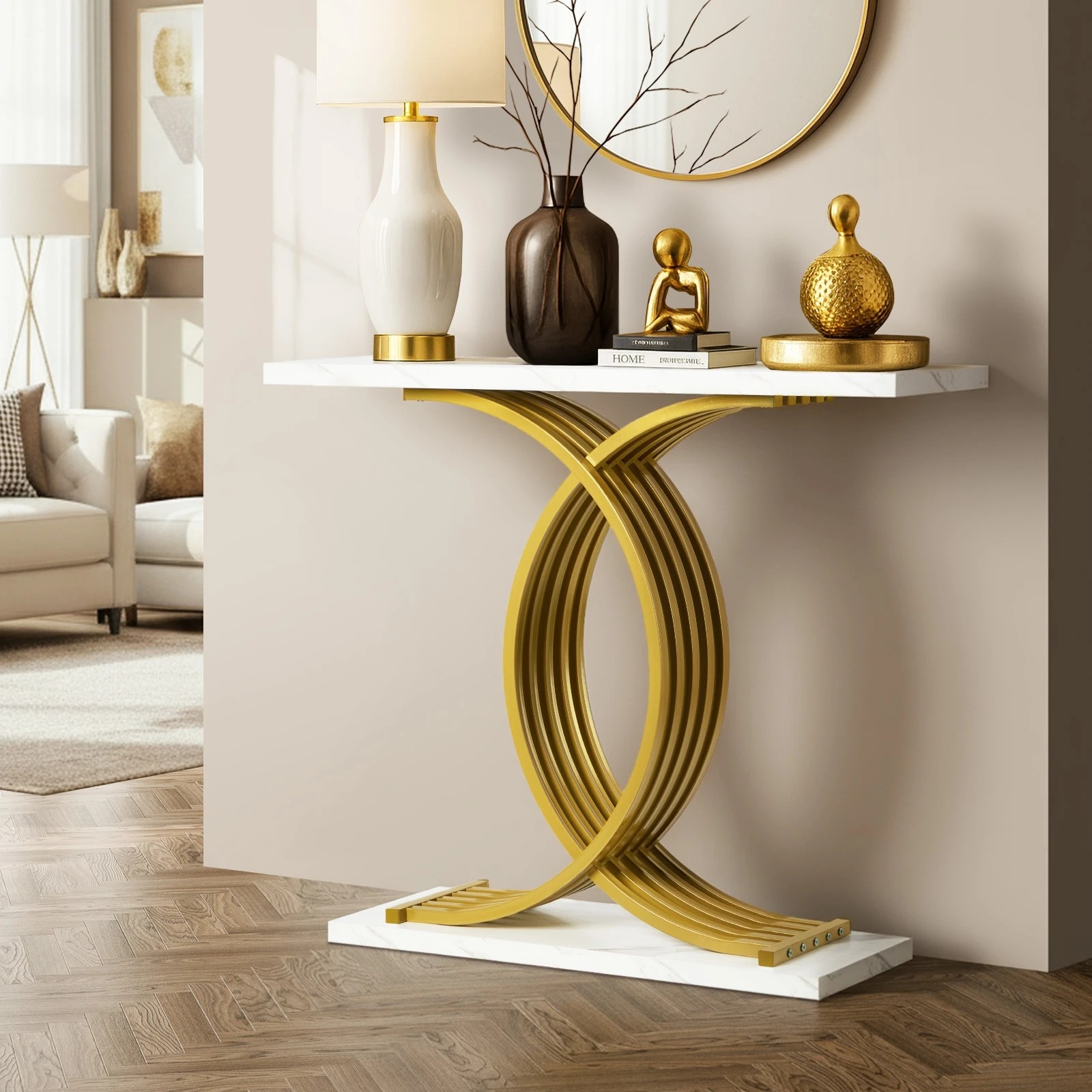 3 Oikiture Console Table Hallway Side Desk - Gold, 3 of 9