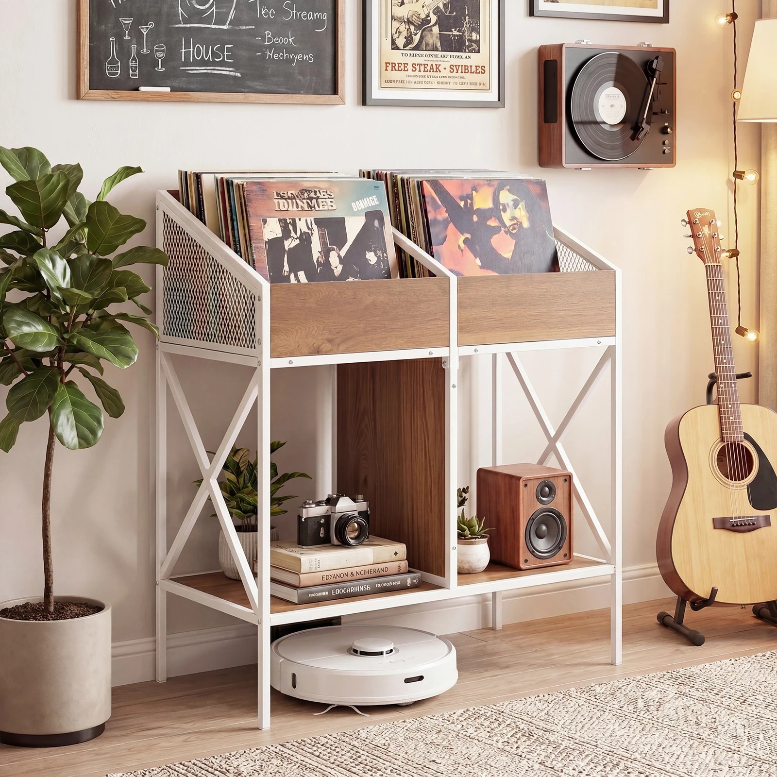 6 Costway 2-Tier Vinyl Record Storage Rack Magazine Books Record Holder - Natural, 6 of 7