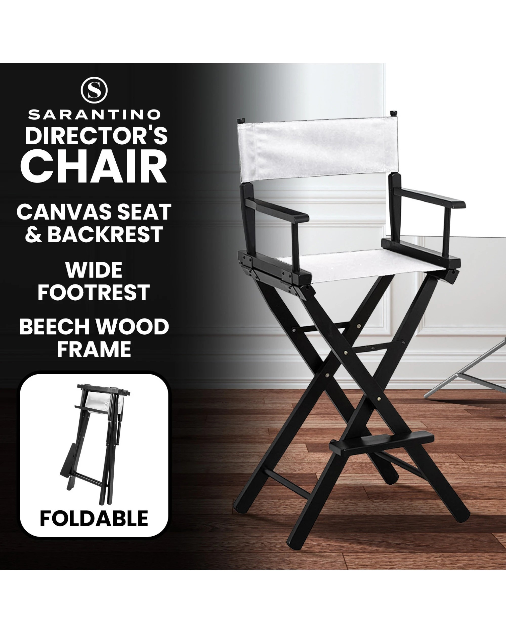 9 Sarantino White Tall Directors Chair Beech Wood Frame With Canvas Seat, 9 of 9