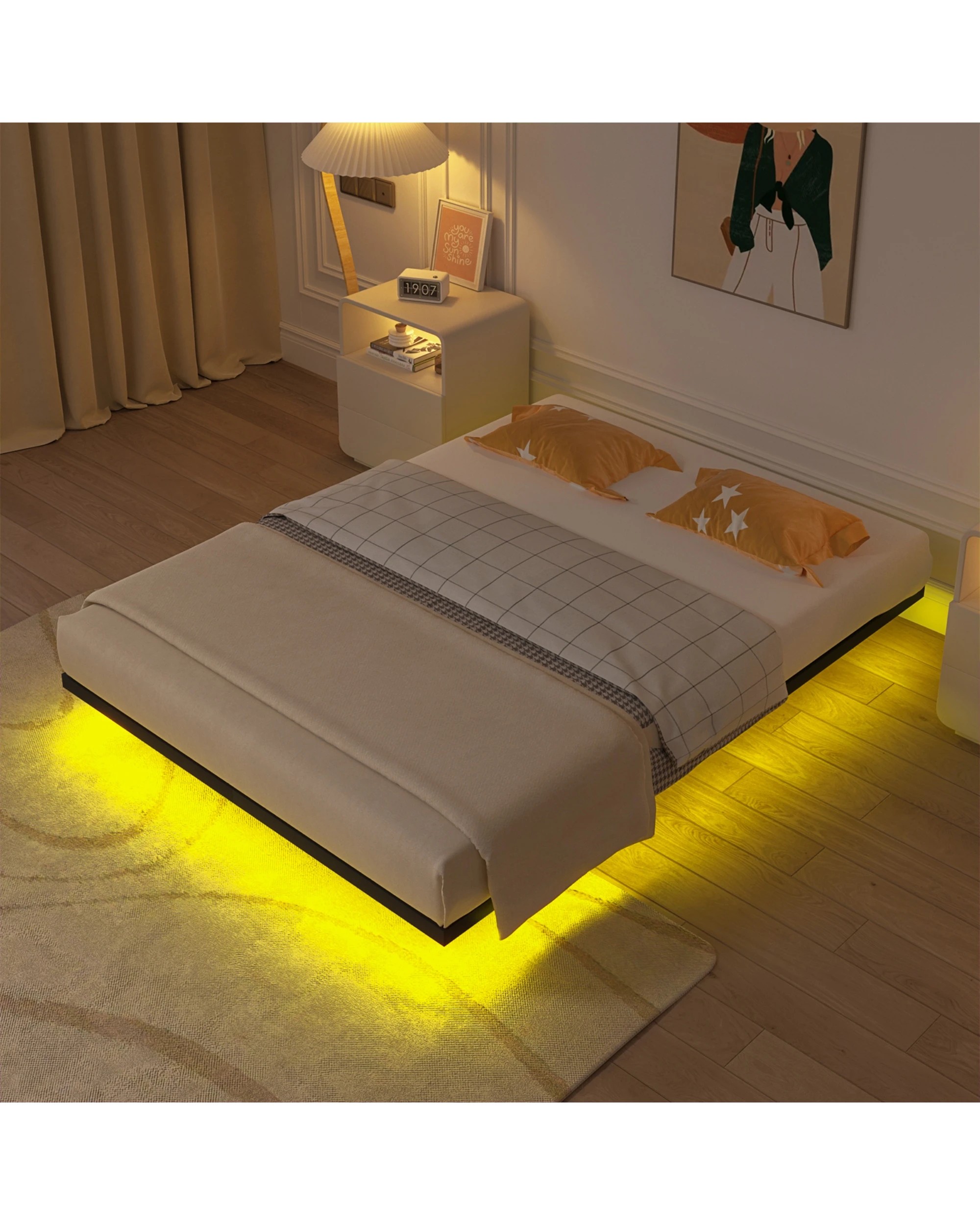 2 Advwin Queen Floating Bed Frame With Led Lights Metal Platform, 2 of 8