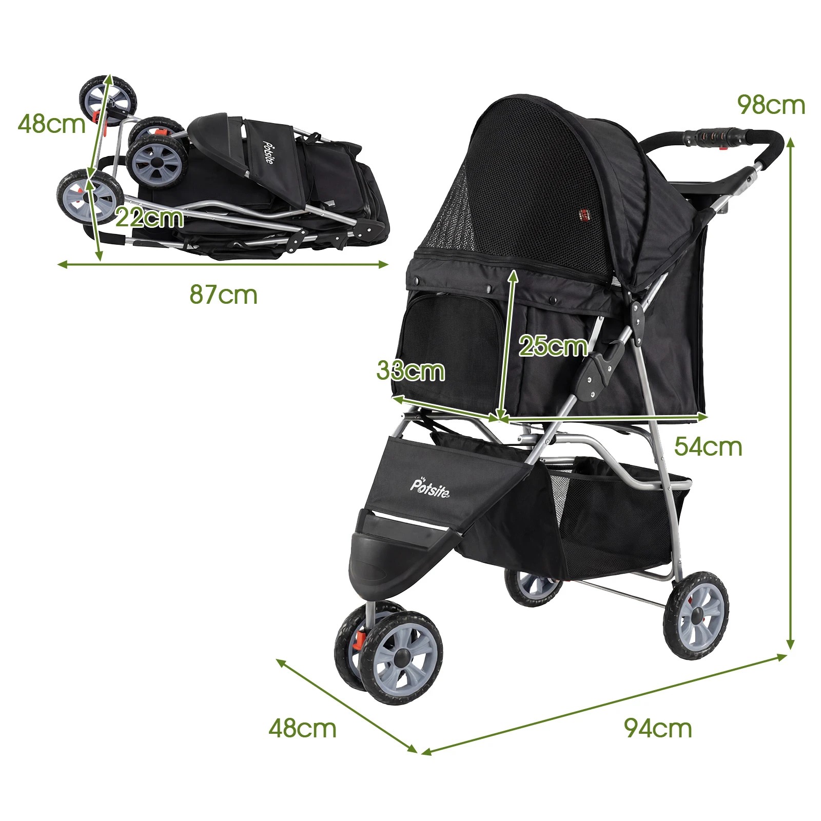 2 Costway 3-Wheel Pet Stroller Foldable Dog Cat Travel Cart w/Storage Basket - Black, 2 of 5