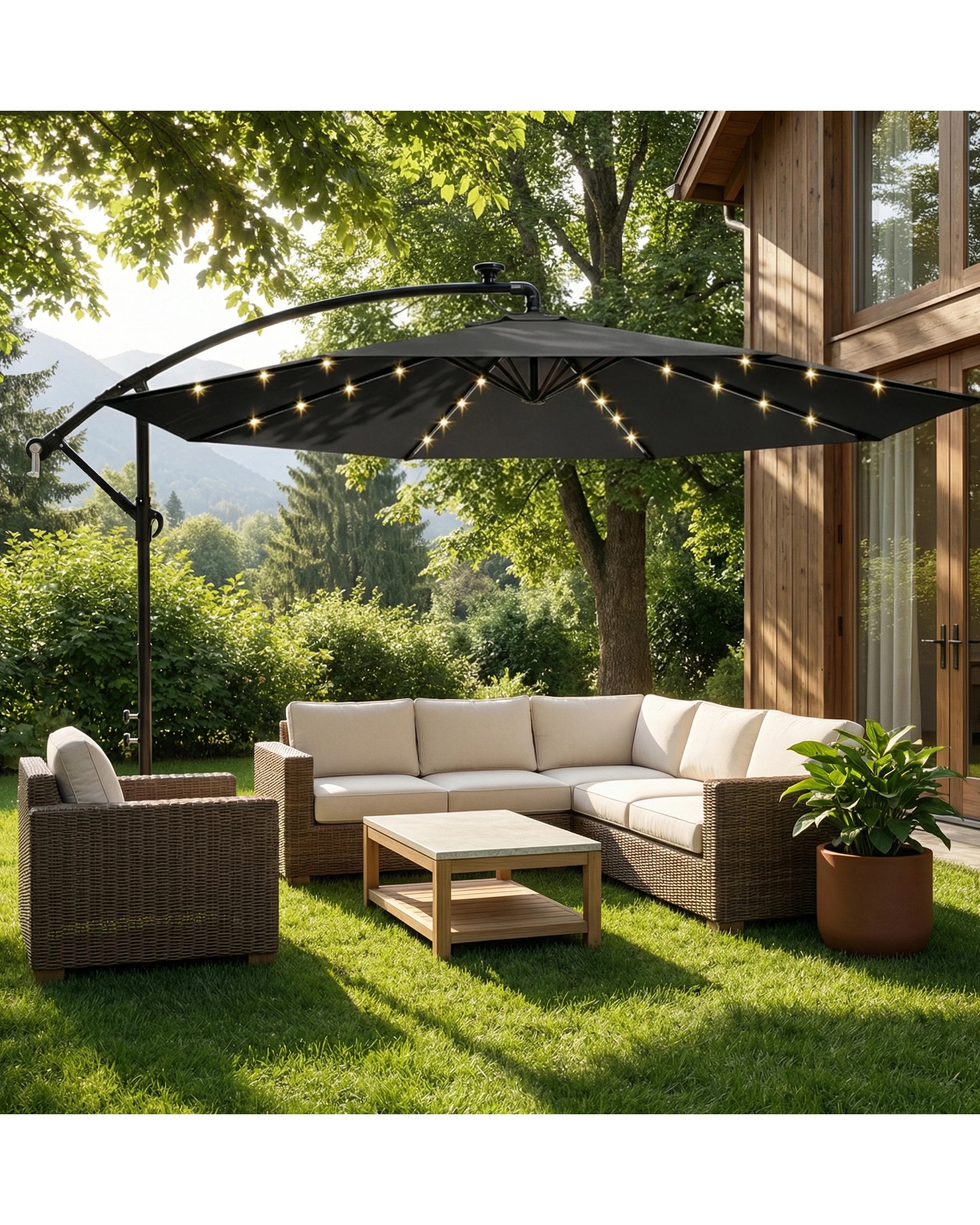 2 Advwin Outdoor Umbrella Cantilever 3m with Solar LED Lights - Gray, 2 of 7