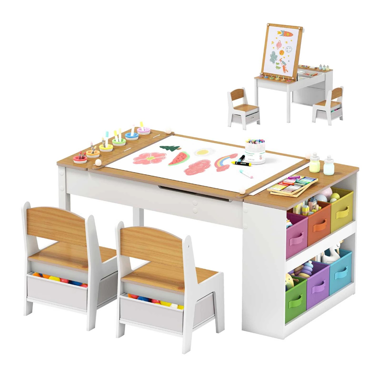 1 Costway Art Table & Chairs Set Drawing Writing Desk w/Lifting Tabletop - Natural, 1 of 1